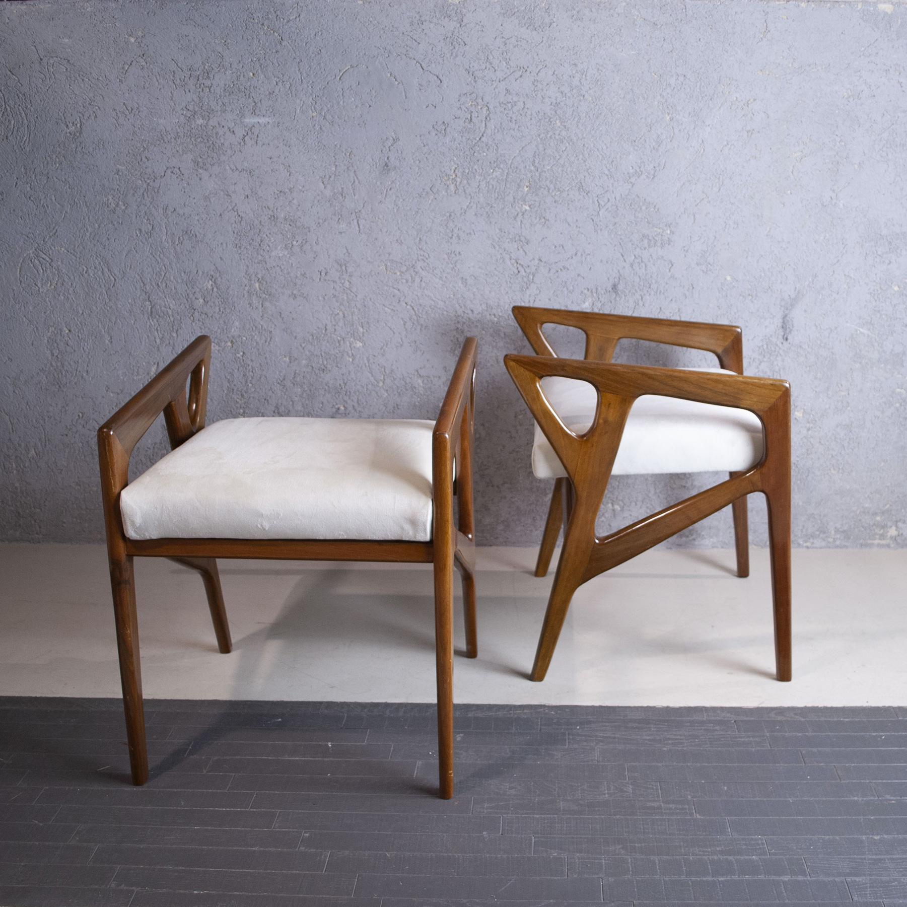 Fabric Gio Ponti italian midcentury pair of wooden stools 1950s for Cassina