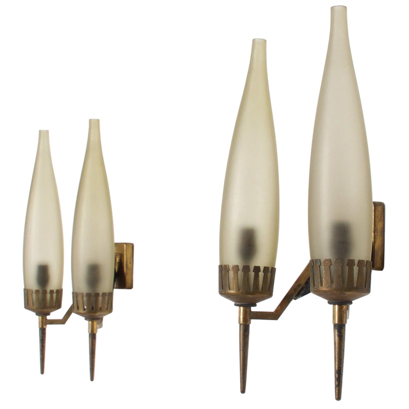 1950s Gio Ponti Italy Candelabra Wall Sconce Pair Brass Crown Tapered Glass