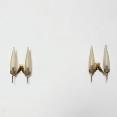 1950s Gio Ponti Italy Candelabra Wall Sconce Pair Brass Crown Tapered Glass