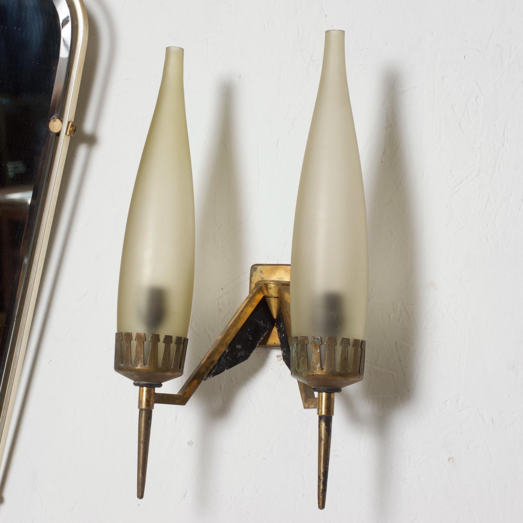 Mid-20th Century 1950s Gio Ponti Italy Candelabra Wall Sconce Pair Brass Crown Tapered Glass