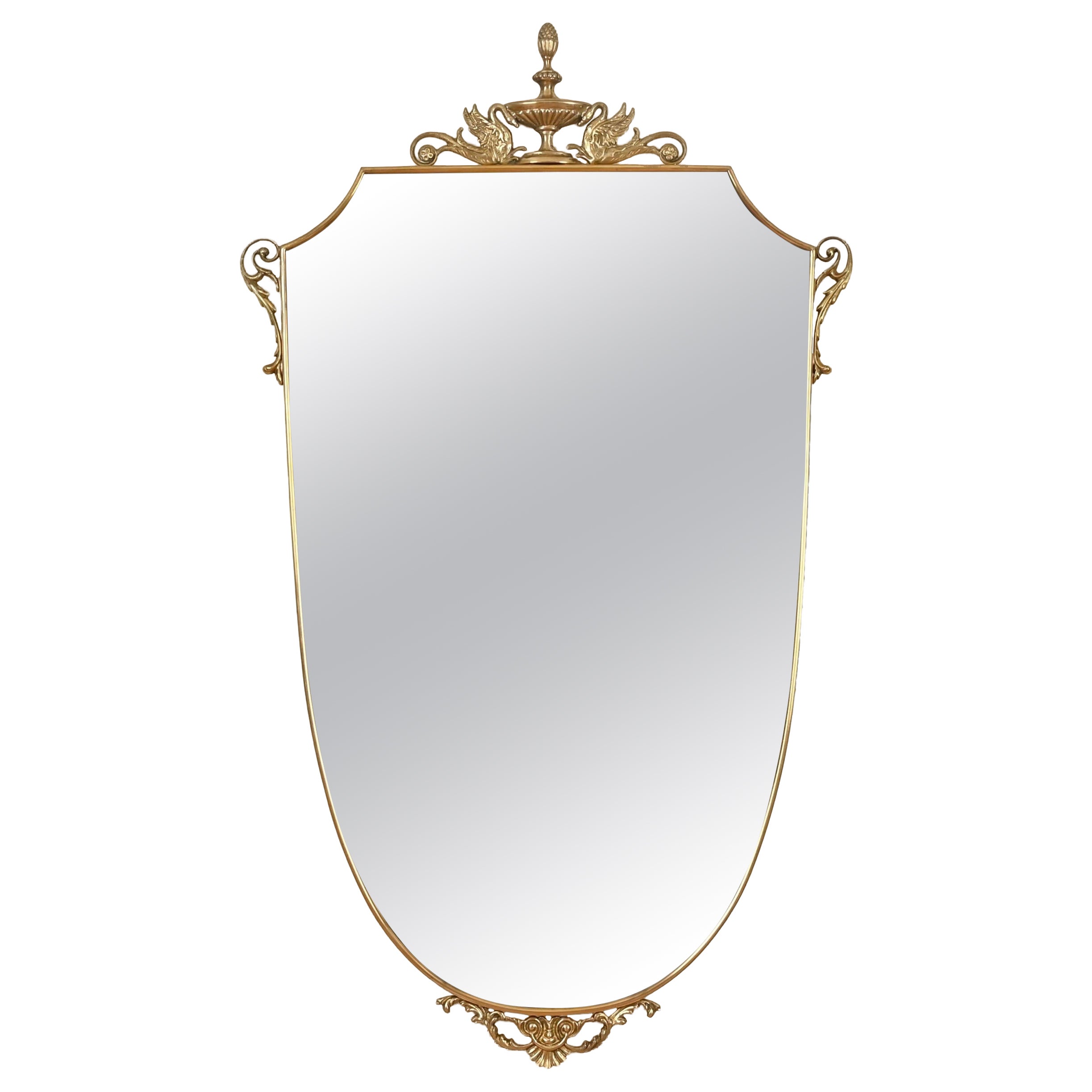 Gio Ponti Large Italian Neoclassical Shield Brass Wall Mirror, 1950s