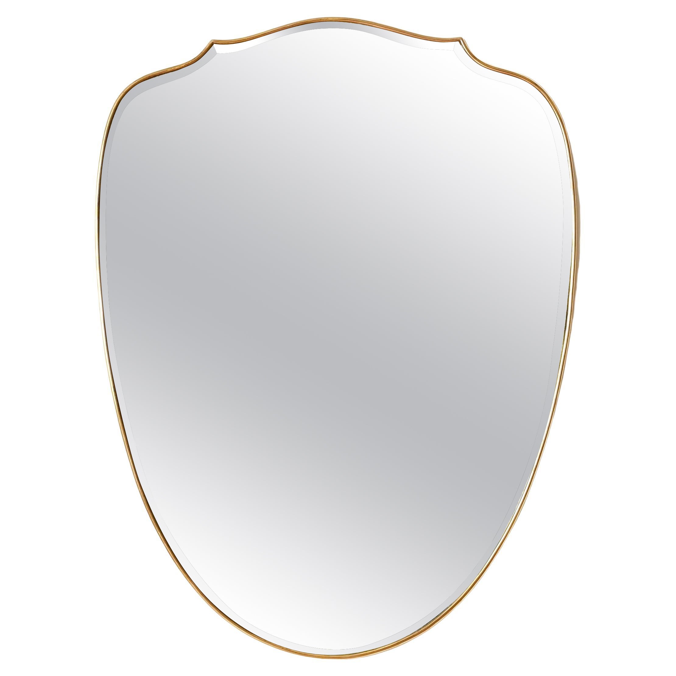 Gio Ponti Large Italian Shield-Shaped Brass Beveled Mirror, Italy, 1940s For Sale