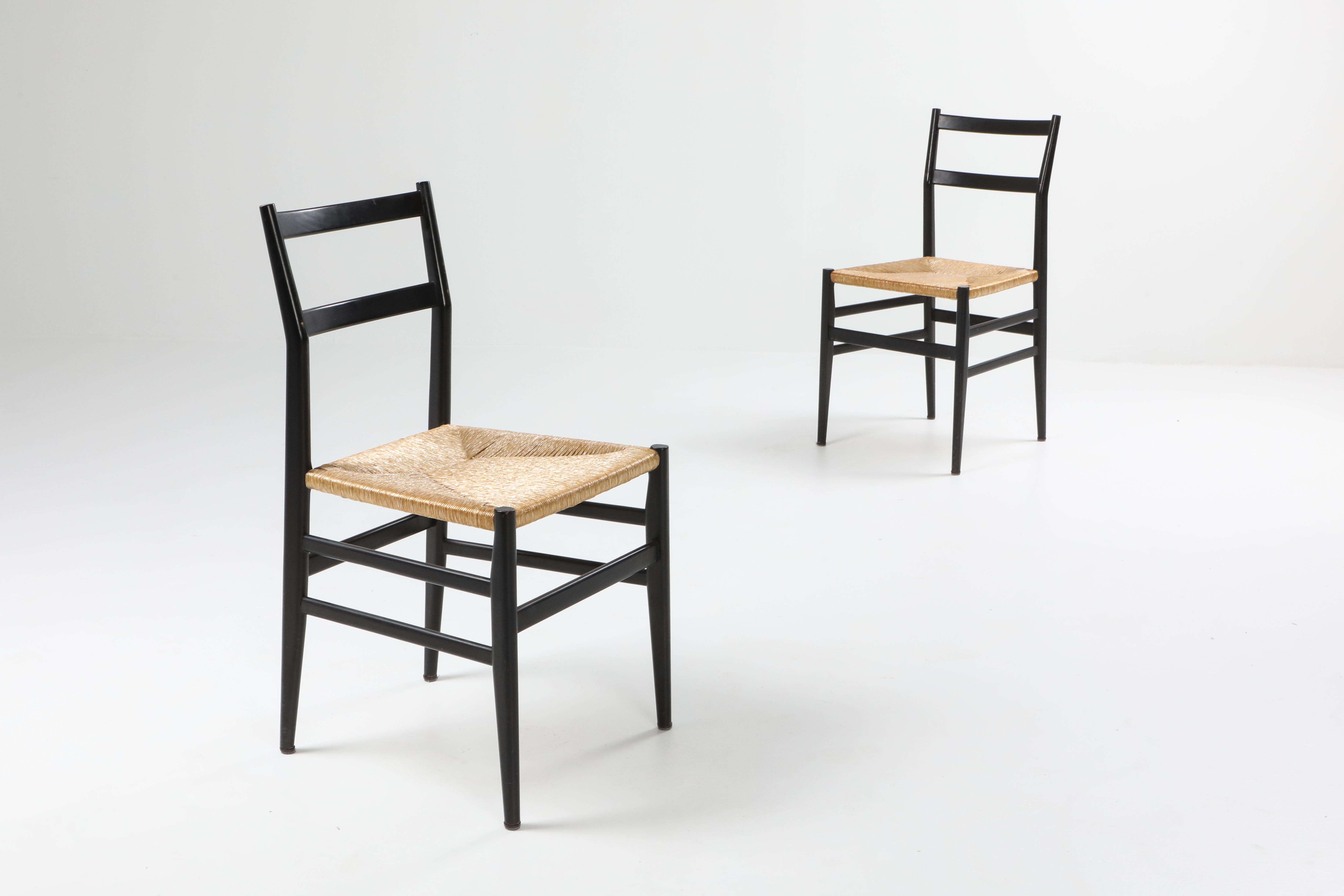 Mid-Century Modern Gio Ponti Leggera Dining Chairs Black and Cord