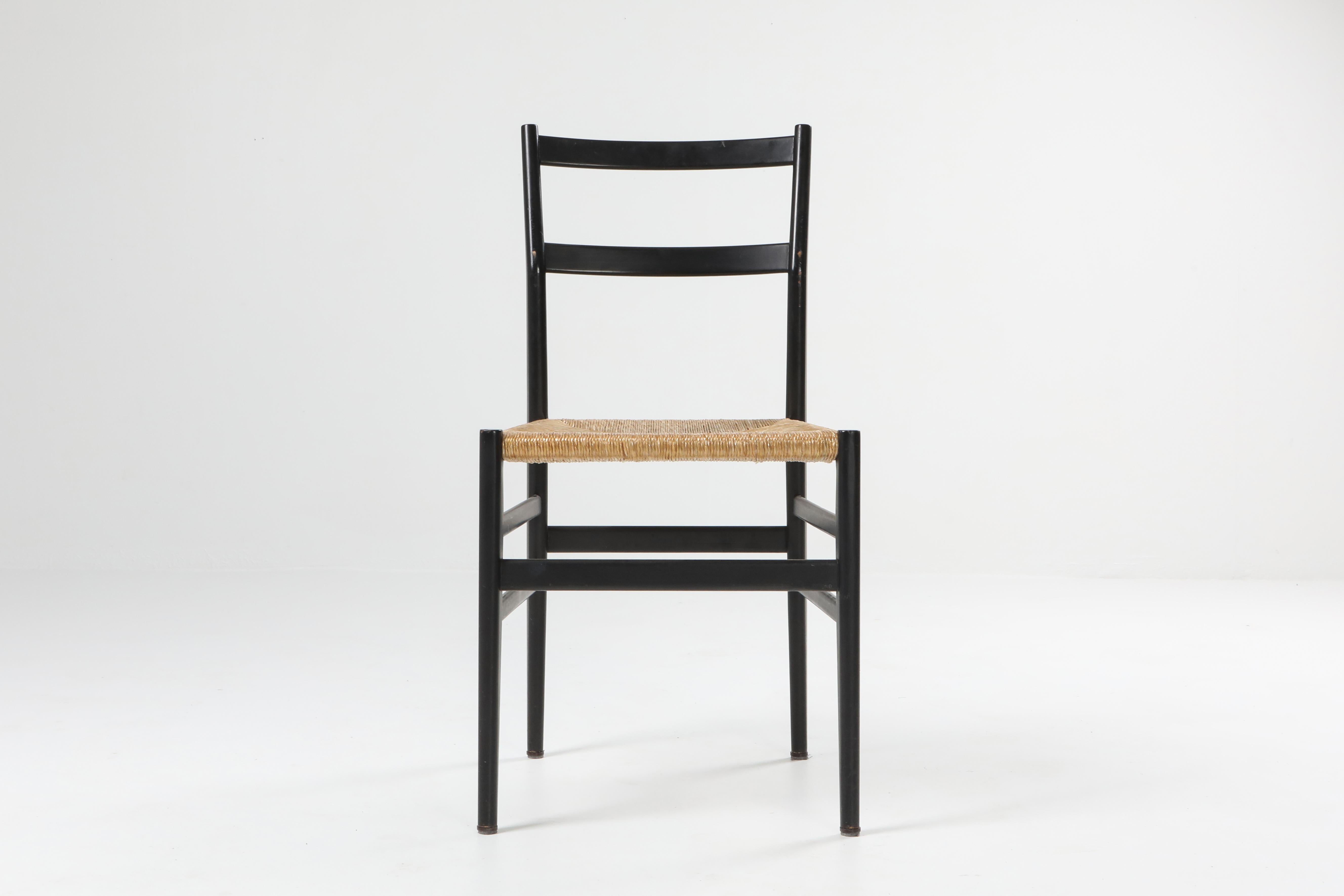 20th Century Gio Ponti Leggera Dining Chairs Black and Cord