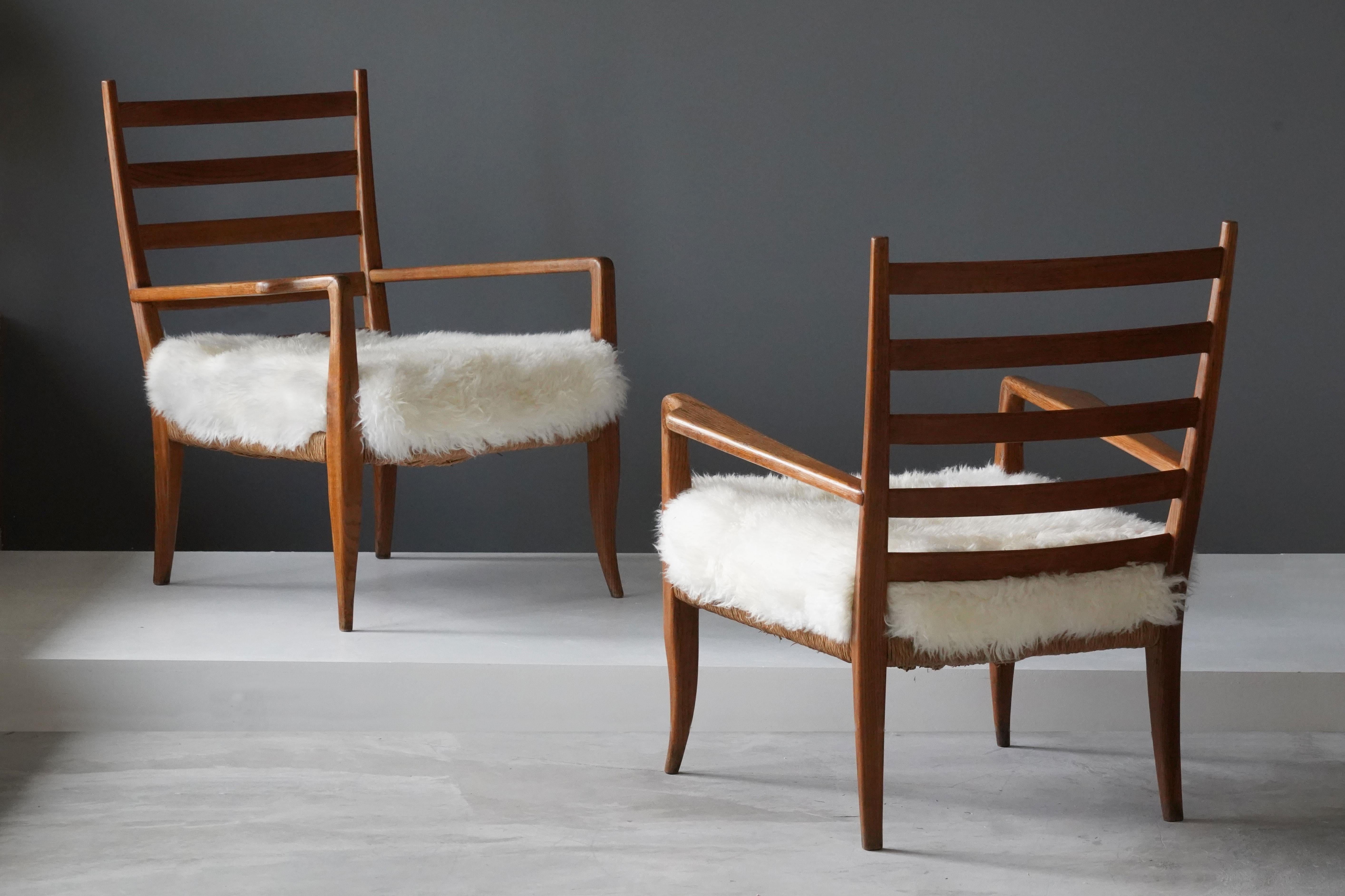Modern Gio Ponti, Lounge Chairs for La Rinascente, Ash, Rush, Lambskin, 1930s, Italy