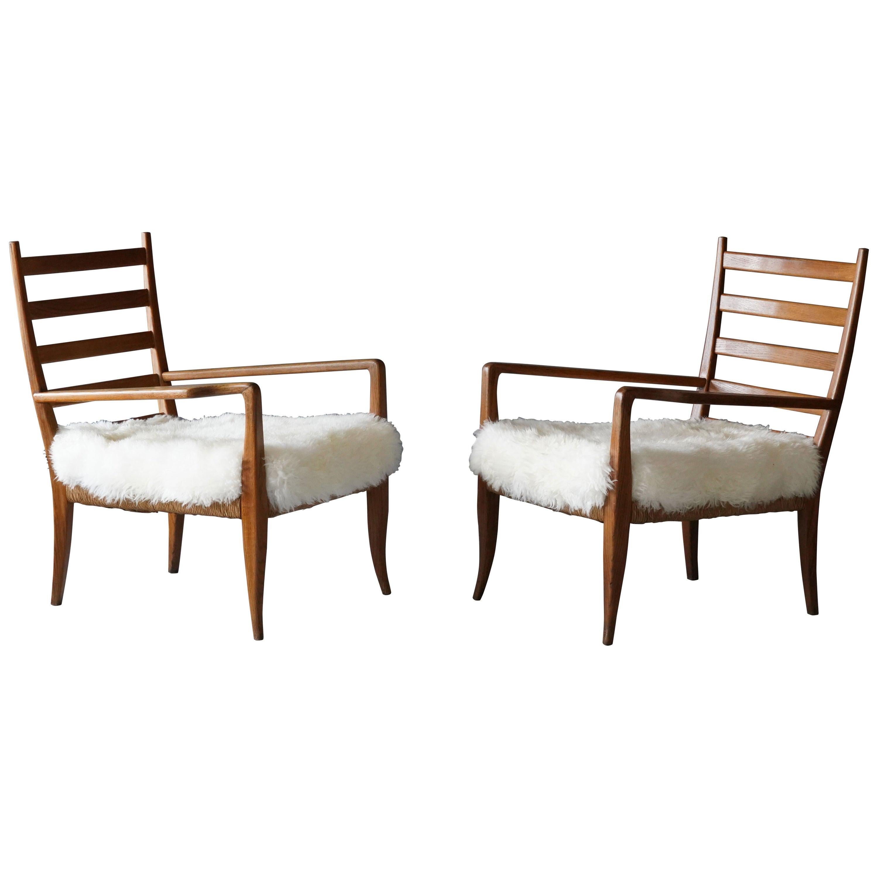Gio Ponti, Lounge Chairs for La Rinascente, Ash, Rush, Lambskin, 1930s, Italy