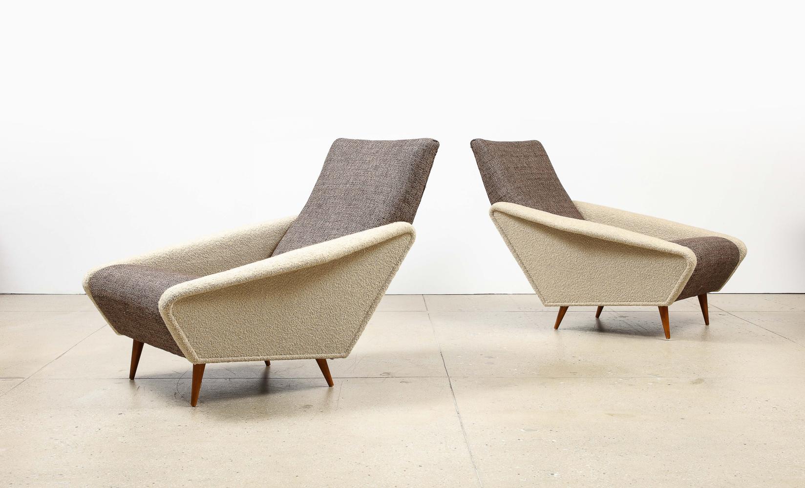 Model No. 807A Distex Lounge Chairs by Gio Ponti for Cassina.  Walnut, fabric. A rare & iconic model.  The Distex chair was first presented at the X Triennale in Milan in 1954.