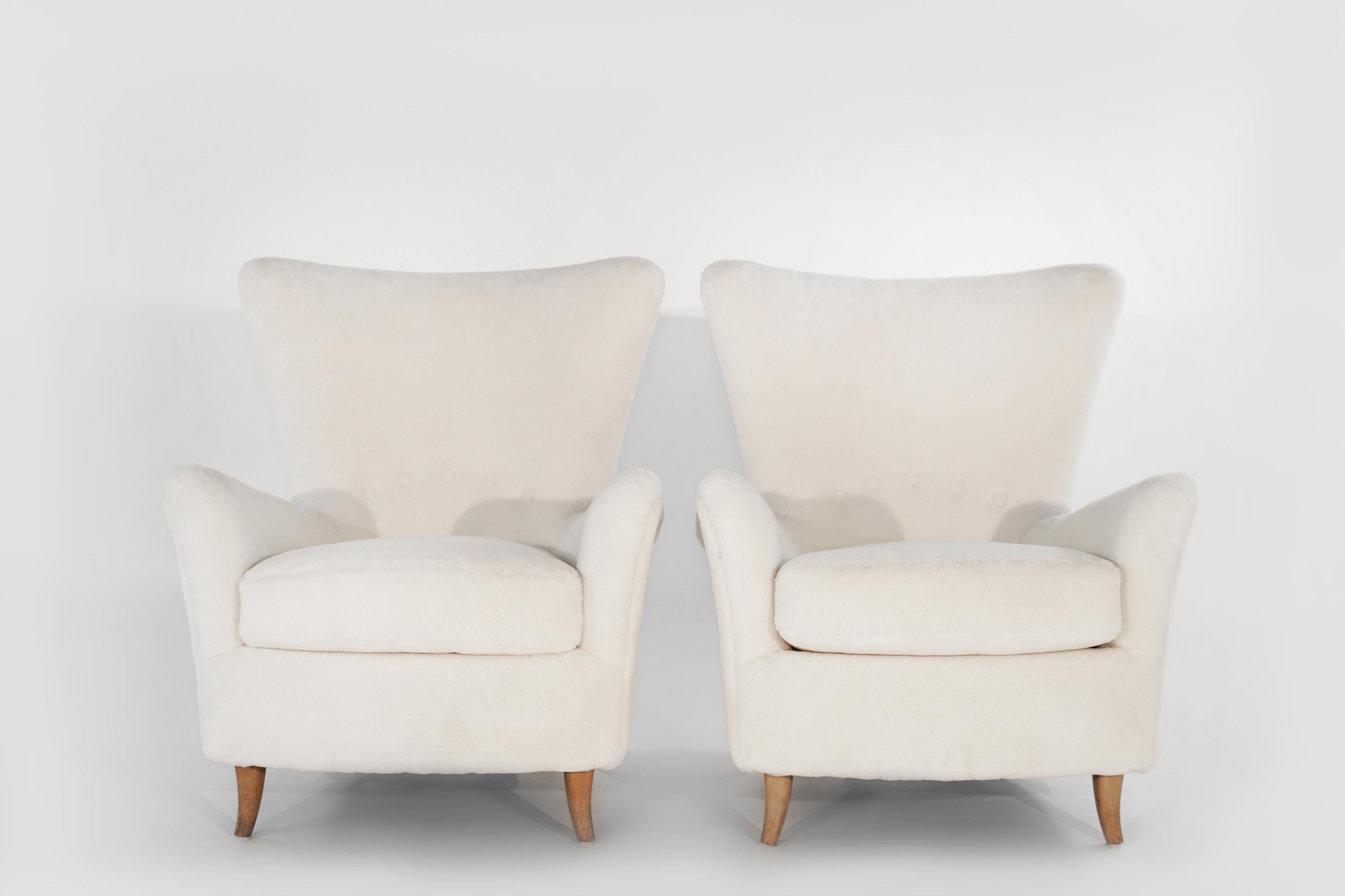 Italian Gio Ponti Lounge Chairs in Shearling for the Hotel Bristol, circa 1950s
