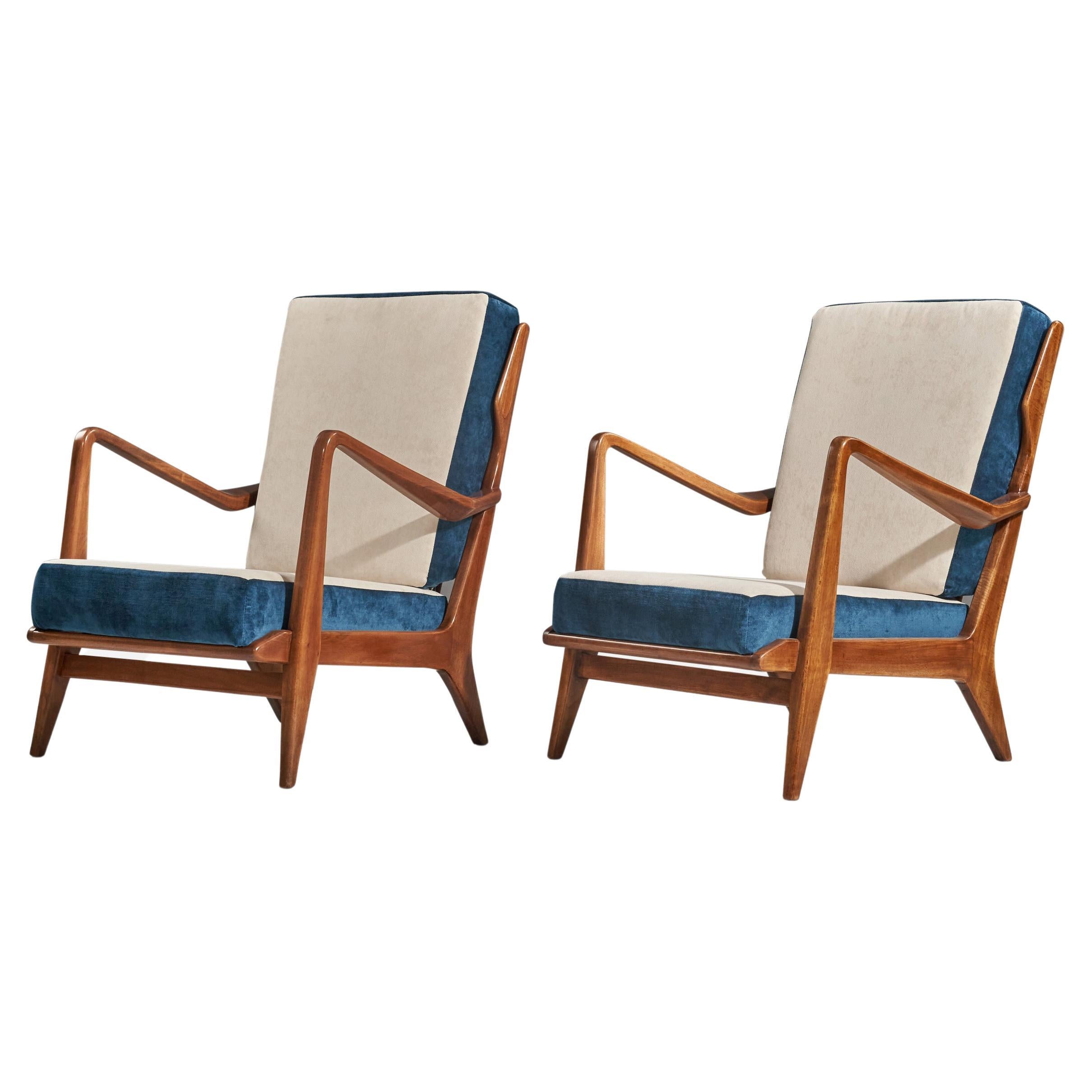 Gio Ponti, Lounge Chairs, Walnut, Blue And White Velvet, Cassina, Italy, 1950s