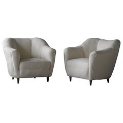 Vintage Gio Ponti, Lounge Chairs, White Fabric, Walnut, Casa E Giardino, Italy, 1930s