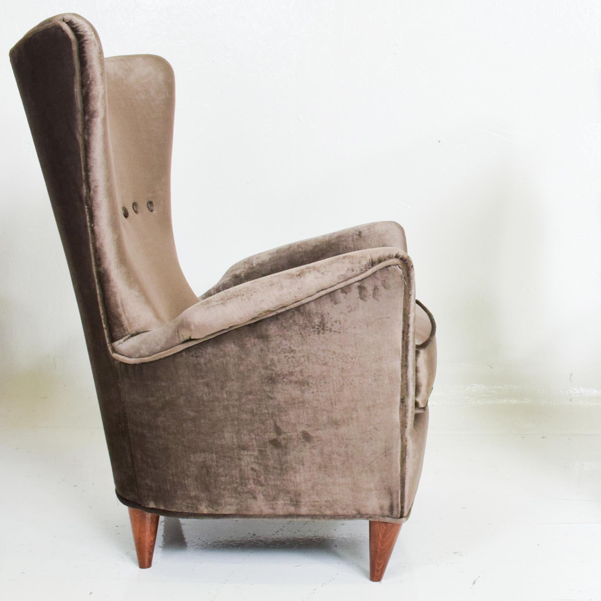 For your consideration: Luxurious pair of armchairs Italian Art Deco design by Gio Ponti for Hotel Bristol Merano Italy.
Low slung arm lounge chairs with sculptural shape.
Made in Italy early 1950s
Dimensions: 36.5 H x 30 D x 26 .5 W Seat 16 H