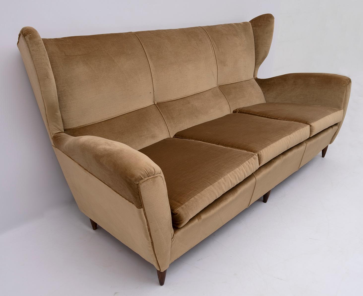 Velvet Attributed Gio Ponti Mid-Century Modern Italian High Back Sofa, 1950s For Sale