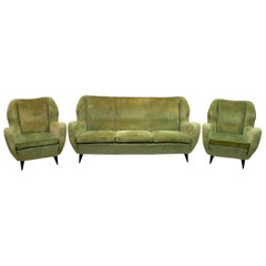 Gio Ponti Mid-century Modern Two Armchairs and Sofa Linen Velvet for ISA, 1950s