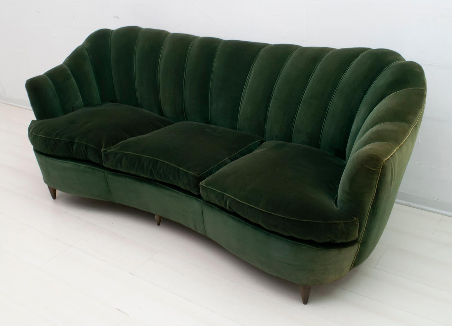Mid-Century Modern Gio Ponti Midcentury Rare Italian Velvet Curved Sofa 