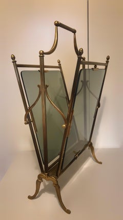 Gio Ponti Midcentury Brass with Glass Magazine Stand Holder or Rack, Italy SALE