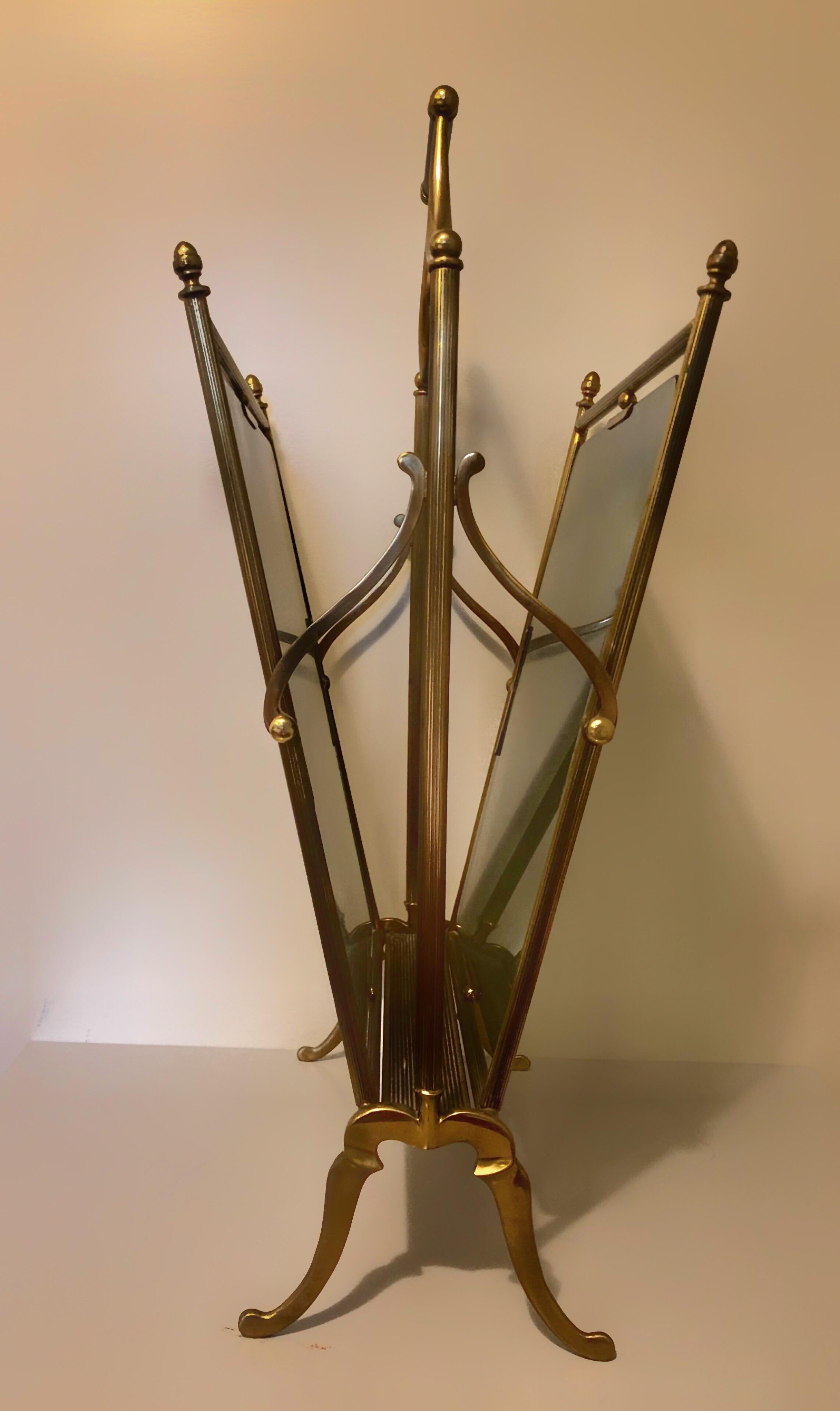 Italian Gio Ponti Midcentury Brass with Glass Magazine Stand Holder or Rack, Italy SALE 