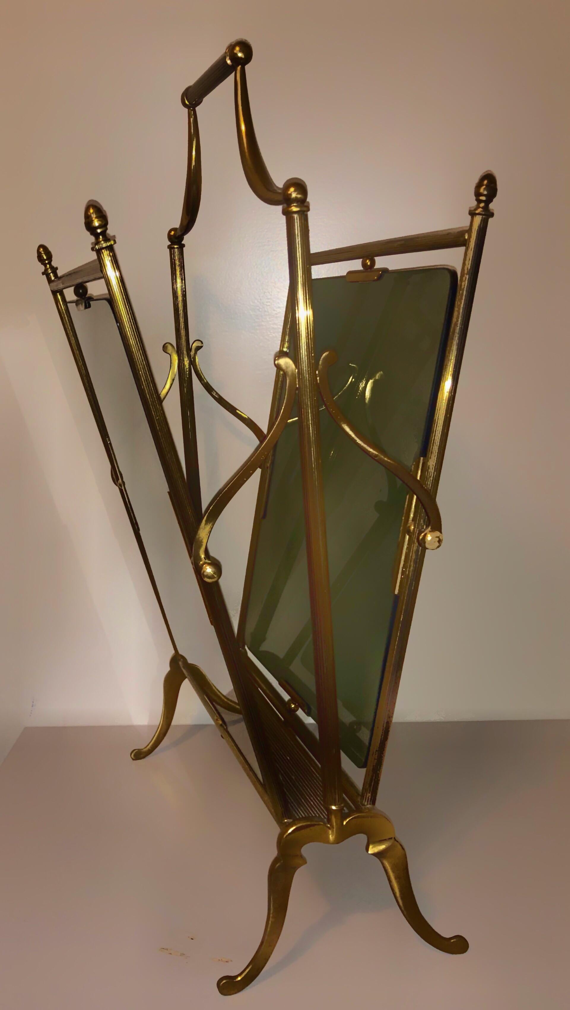 Machine-Made Gio Ponti Midcentury Brass with Glass Magazine Stand Holder or Rack, Italy SALE 