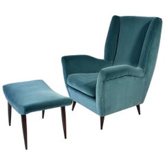 Gio Ponti Midcentury High Back Armchair and Ottoman, circa 1950