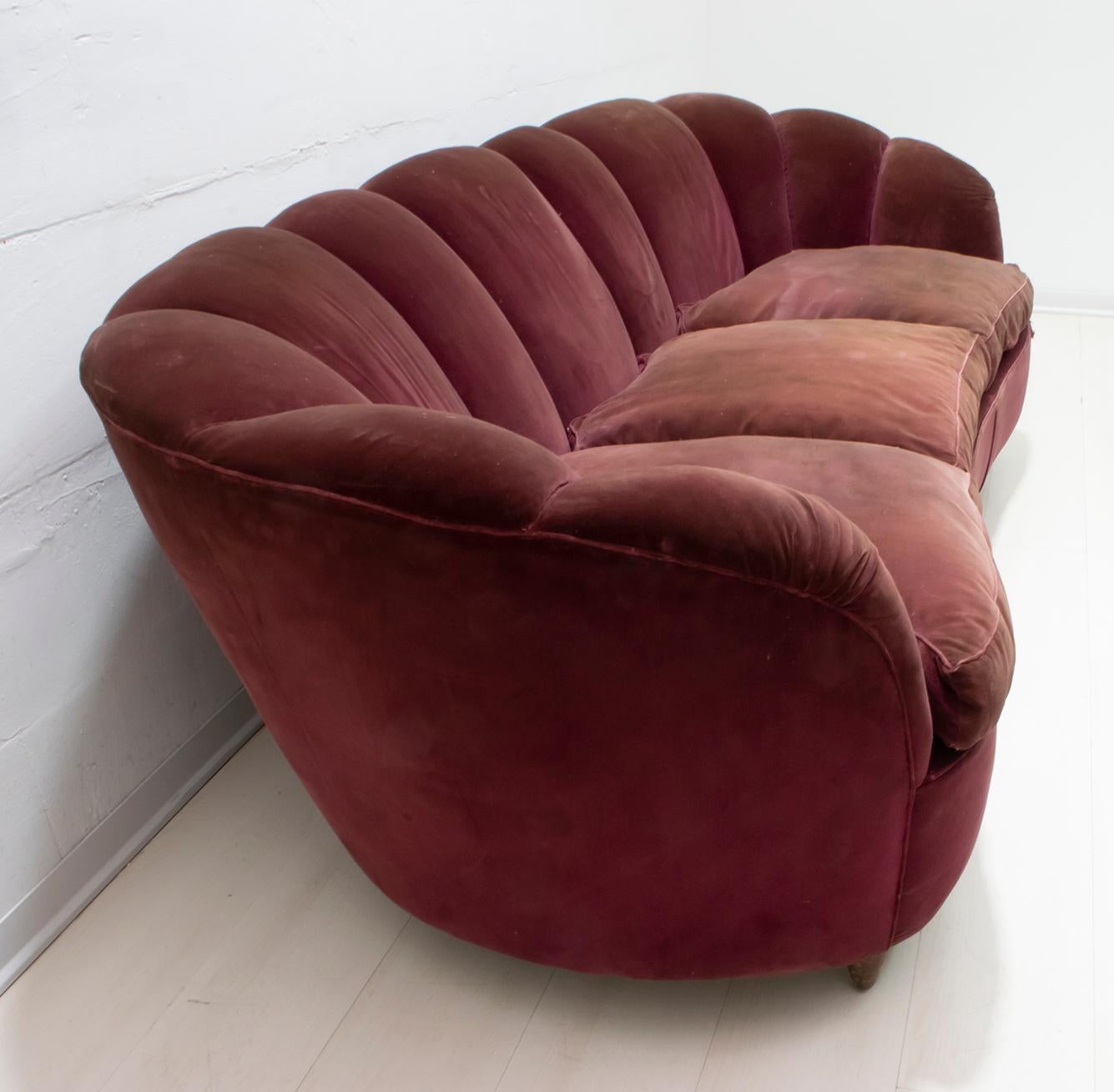 Velvet Gio Ponti Midcentury Italian Curved Sofa and Two Armchairs 
