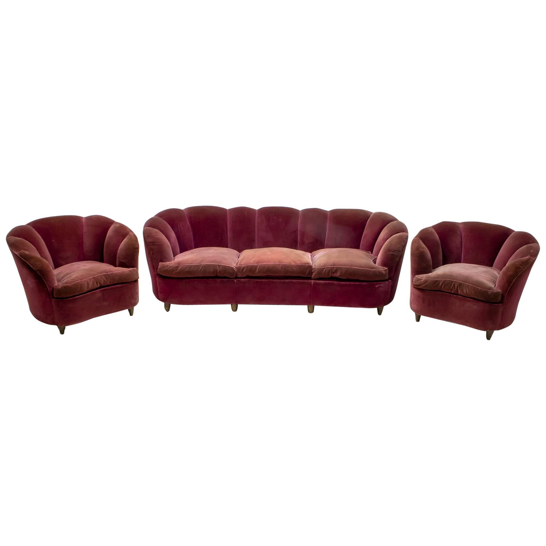 Gio Ponti Midcentury Italian Curved Sofa and Two Armchairs "Casa E Giardino" 30s