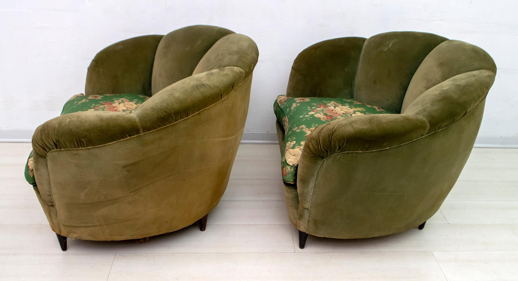 Mid-Century Modern Gio Ponti Midcentury Rare Italian Curved Sofa and 2 Armchairs 