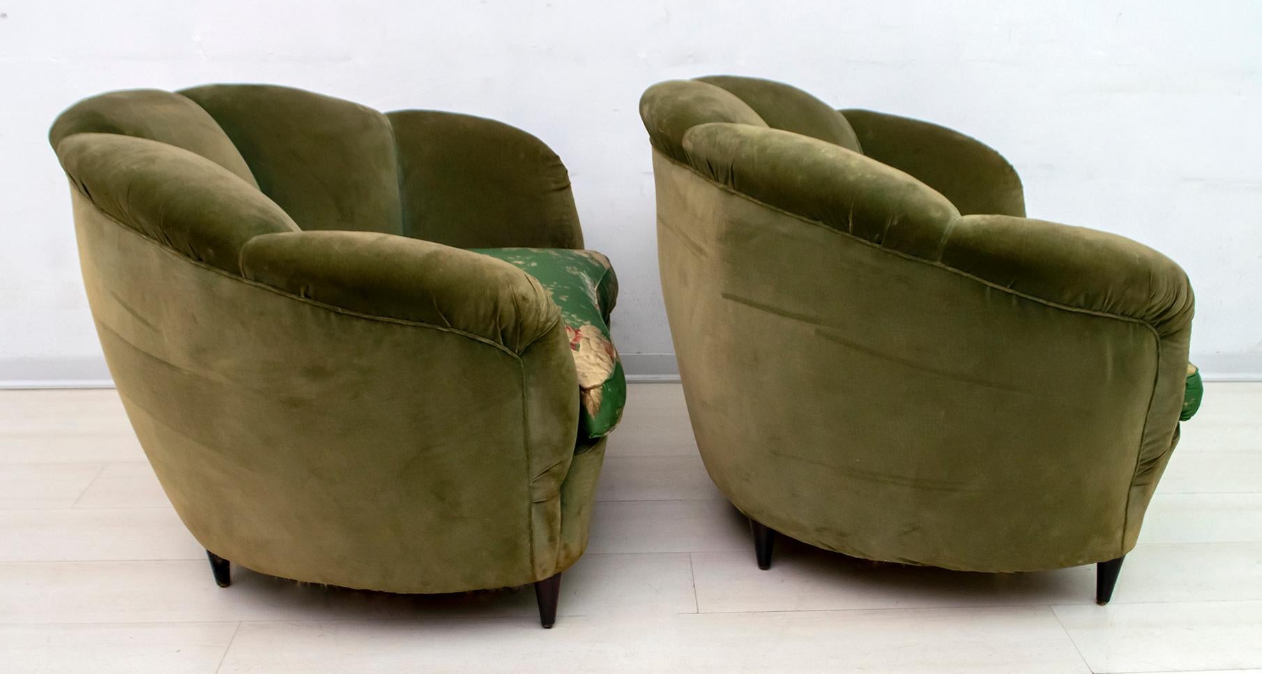 Velvet Gio Ponti Midcentury Rare Italian Curved Sofa and 2 Armchairs 