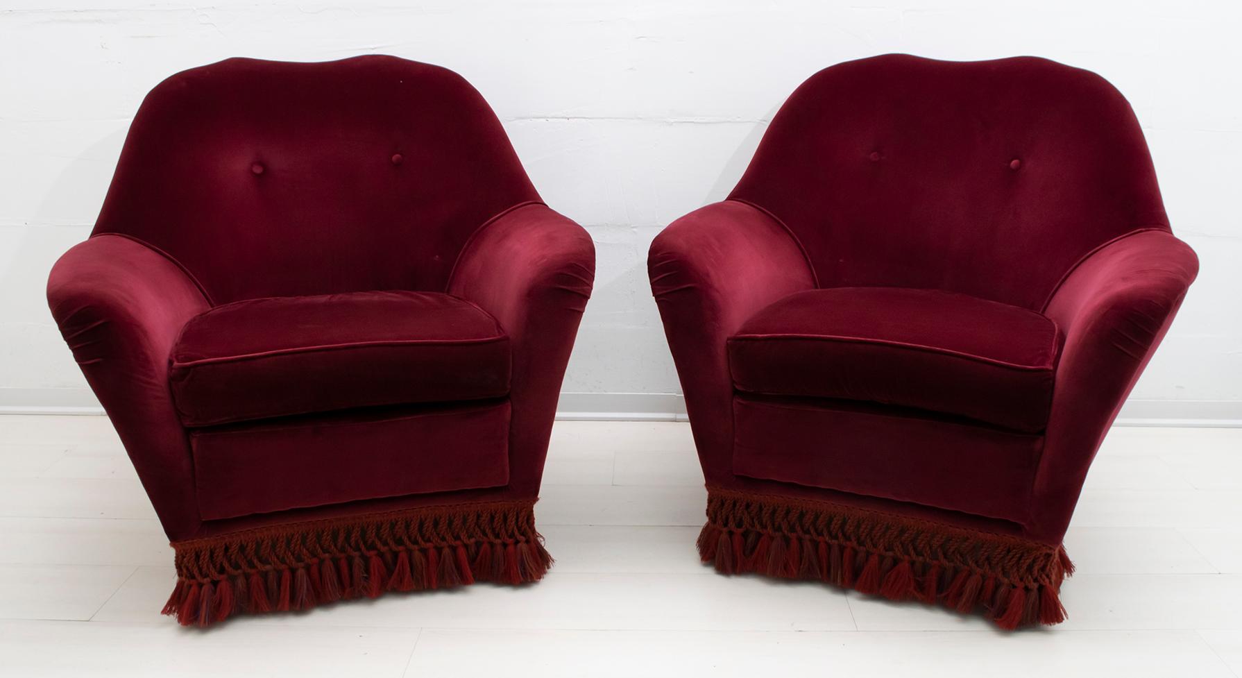 Gio Ponti Midcentury Rare Pair of Italian Velvet Armchairs Casa E Giardino, 1950 In Good Condition In Puglia, Puglia