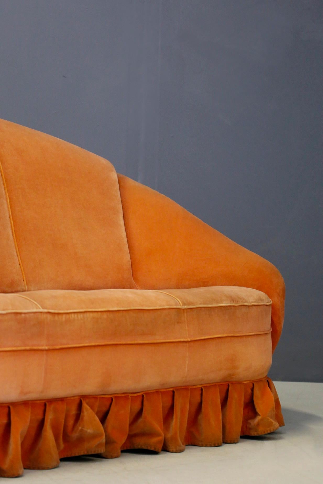 Italian Gio Ponti Midcentury Sofa in Orange Original Velvet, 1930s