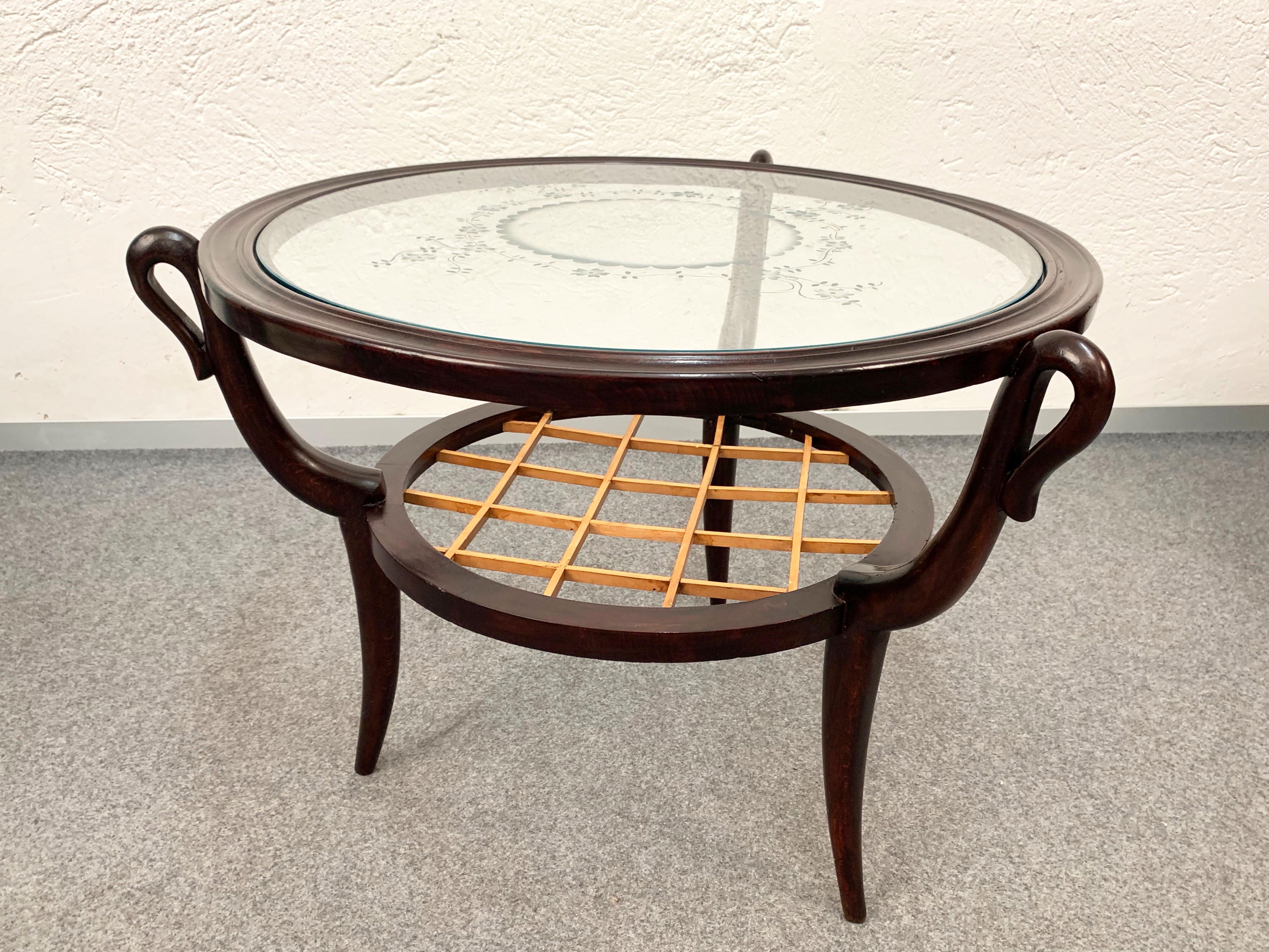 Two-level Round Wood and Glass Italian Coffee Table Gio Ponti Style, 1950s For Sale 2