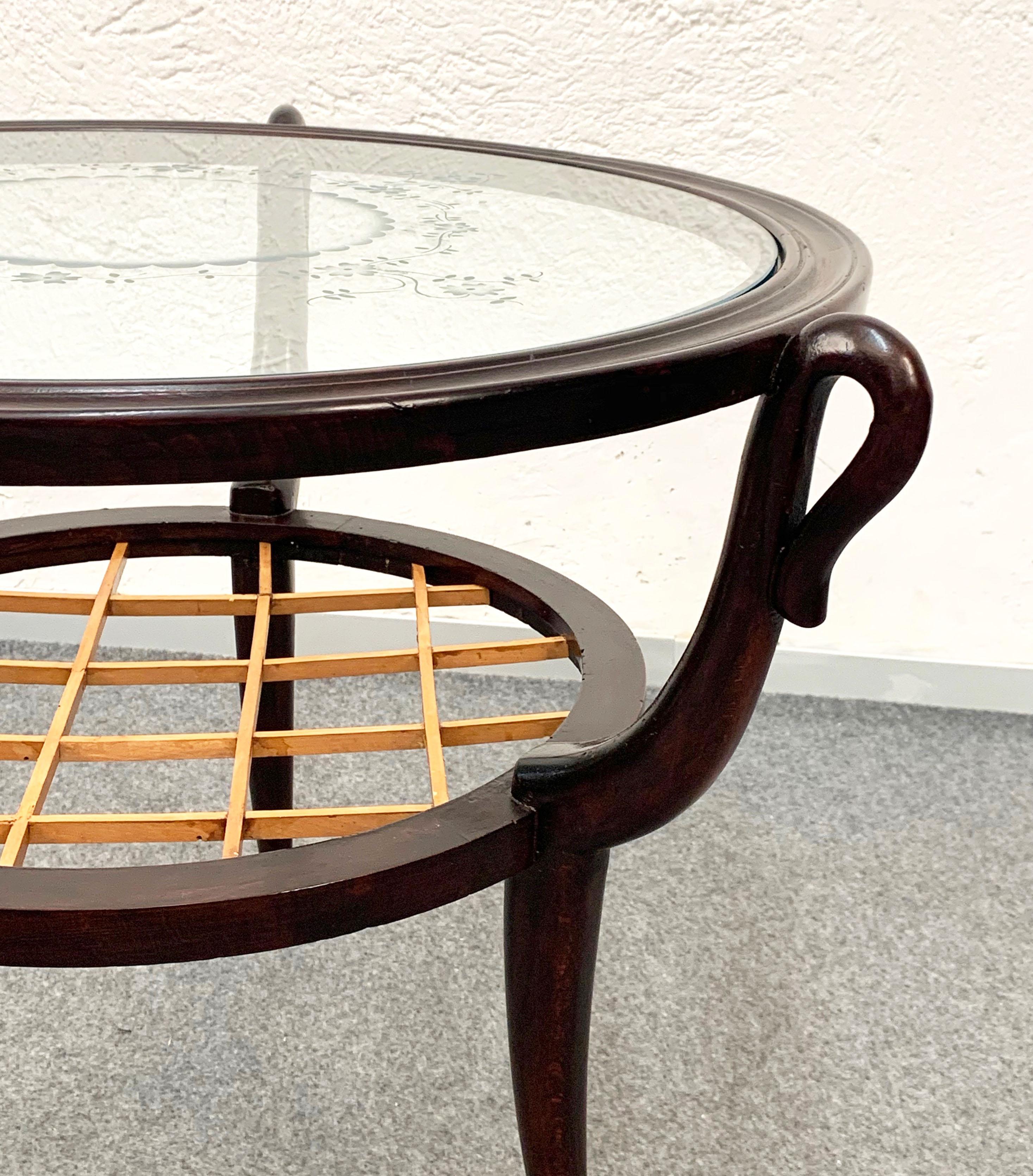 Two-level Round Wood and Glass Italian Coffee Table Gio Ponti Style, 1950s For Sale 7