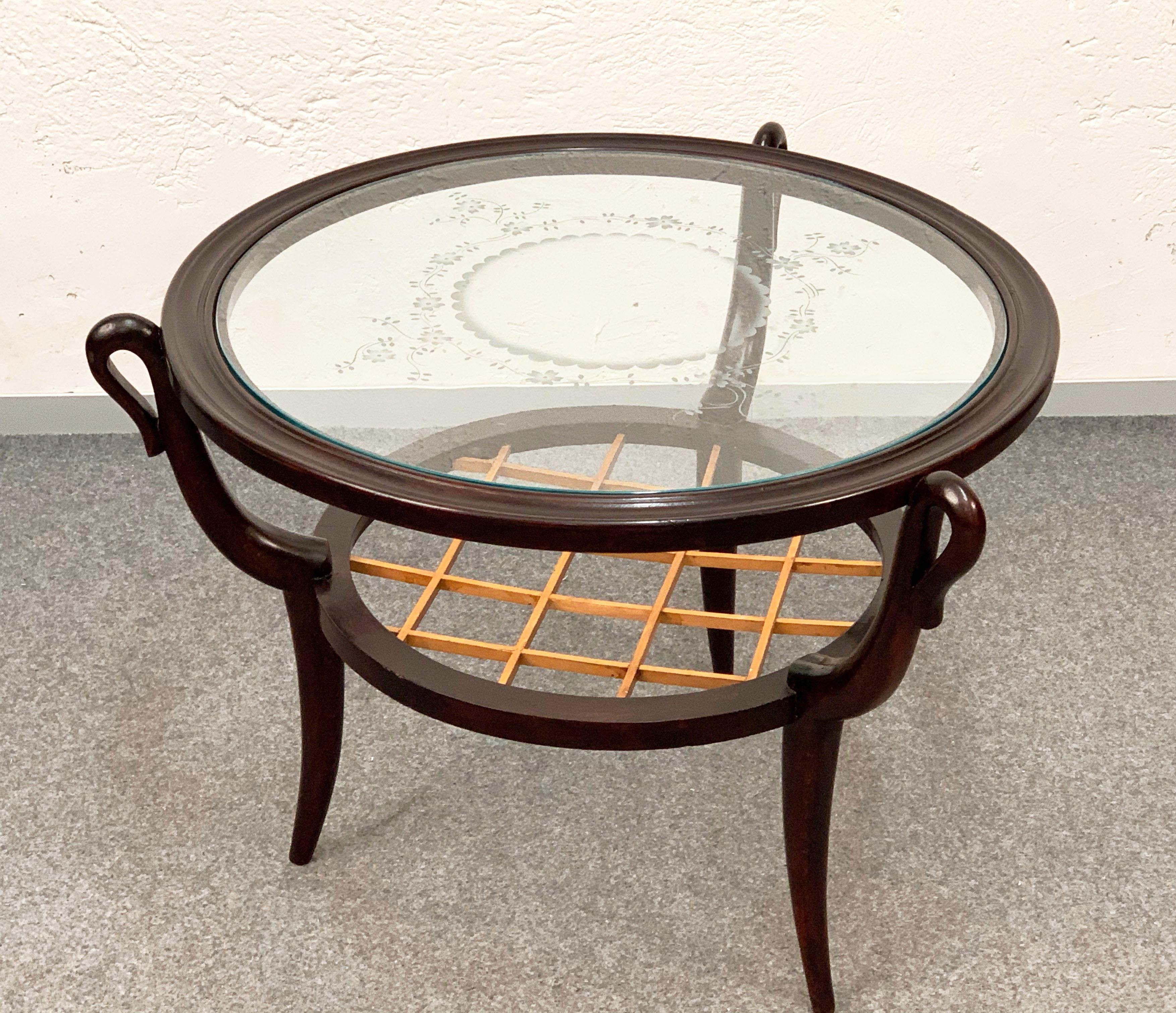 Mid-Century Modern Two-level Round Wood and Glass Italian Coffee Table Gio Ponti Style, 1950s For Sale