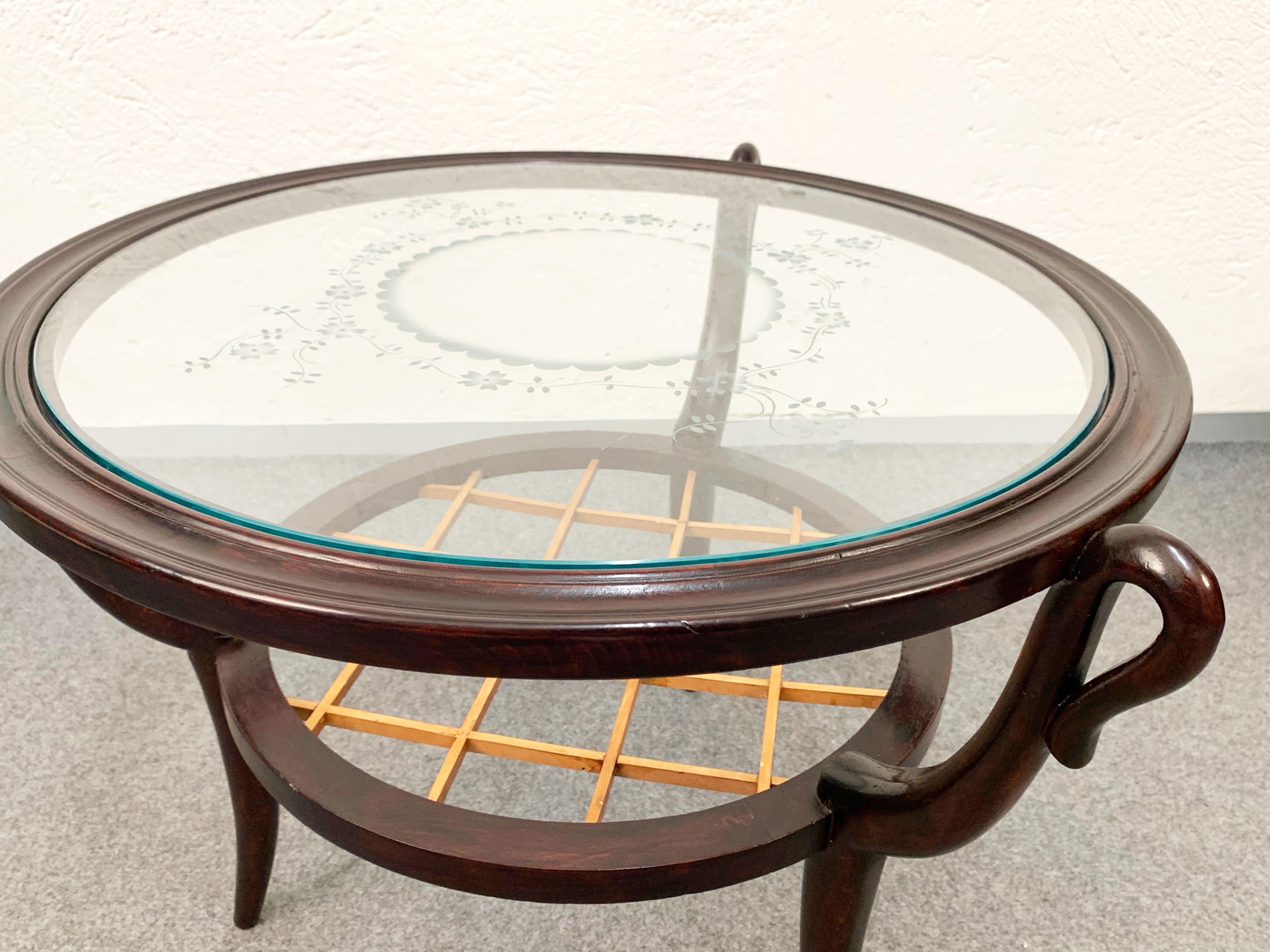 Mid-20th Century Two-level Round Wood and Glass Italian Coffee Table Gio Ponti Style, 1950s For Sale