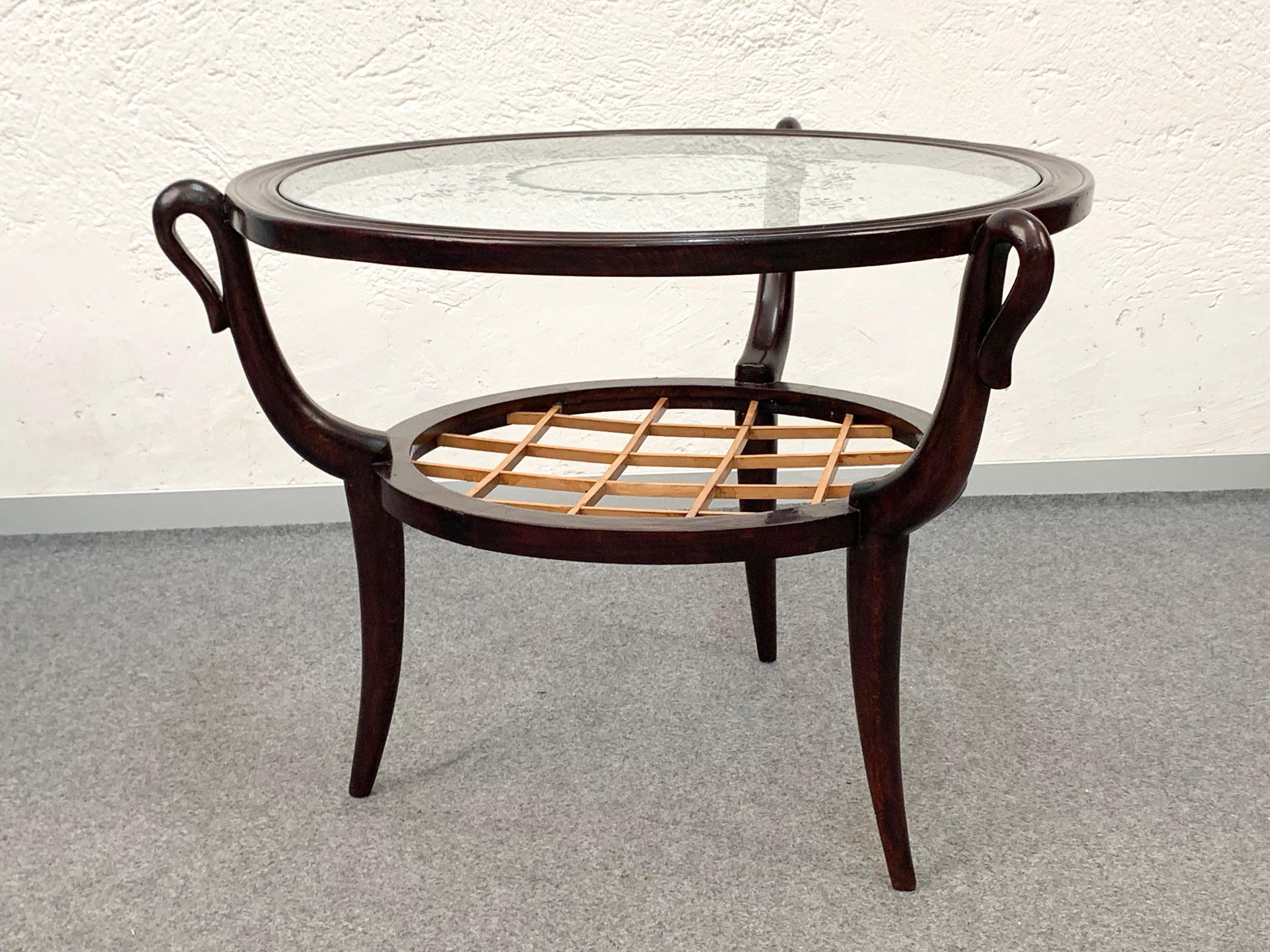 Two-level Round Wood and Glass Italian Coffee Table Gio Ponti Style, 1950s For Sale 1