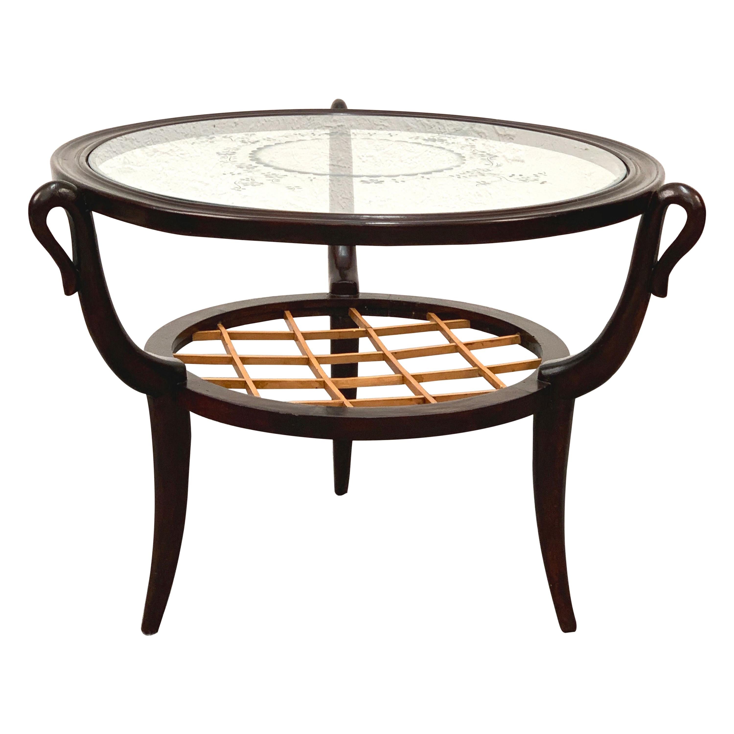 Gio Ponti table basse ronde italienne  deux niveaux en bois et verre du milieu du sicle dernier, annes 1950