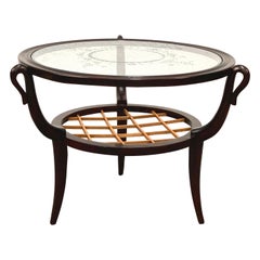 Retro Gio Ponti Midcentury Two-level Round Wood and Glass Italian Coffee Table, 1950s