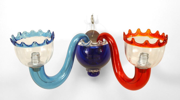 5 Italian mid-century (1950s) multicolored Murano glass wall sconces with two arms and clear shades with a colored scalloped edge. (attributed to GIO PONTI) (priced each).
    