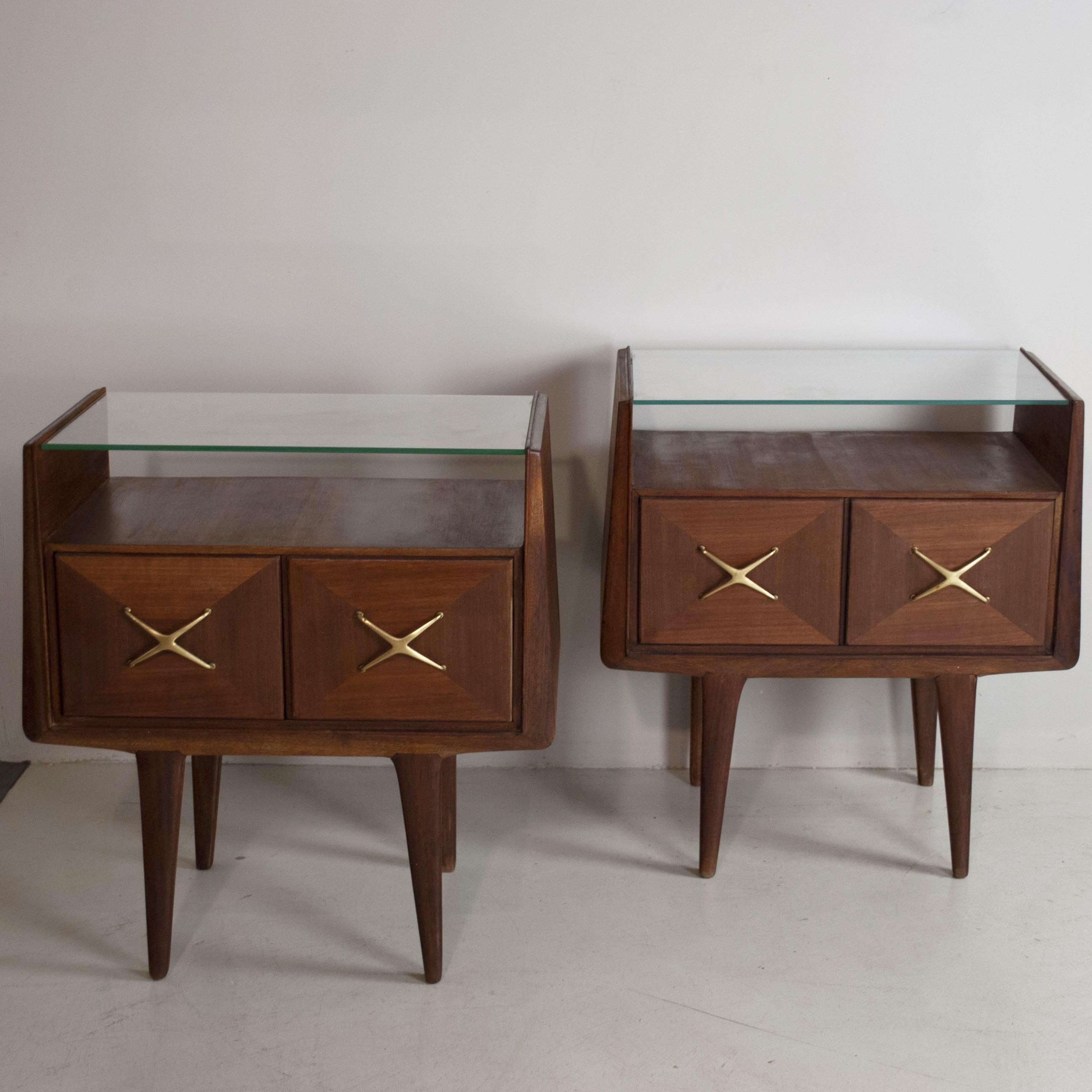Pair of wooden bedside tables with glass top and brass handles produced by Gio Ponti for La Permanente Mobili di Cantù 50s.