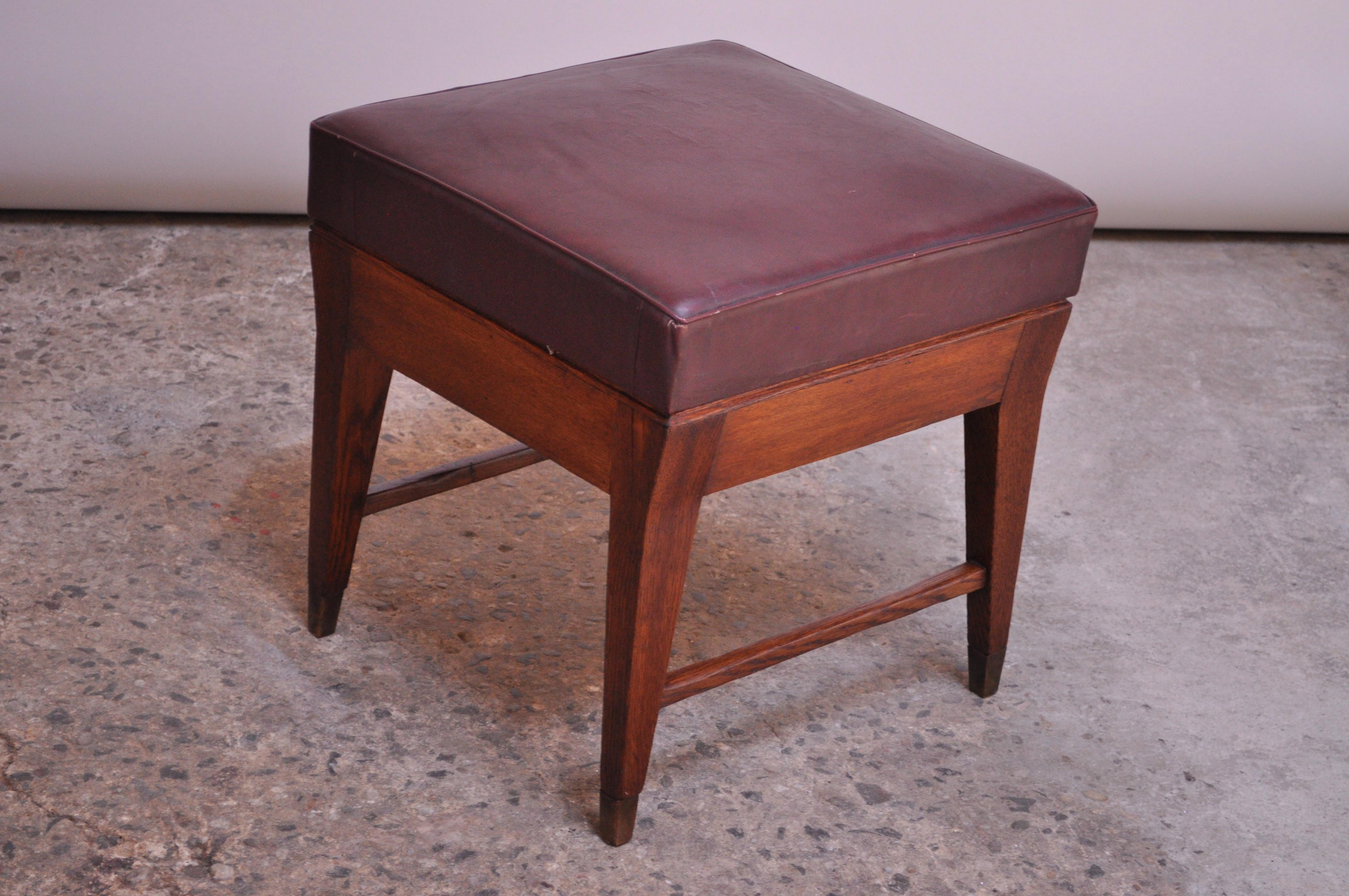 Italian Gio Ponti Oak and Leather Stool with Brass Sabots For Sale