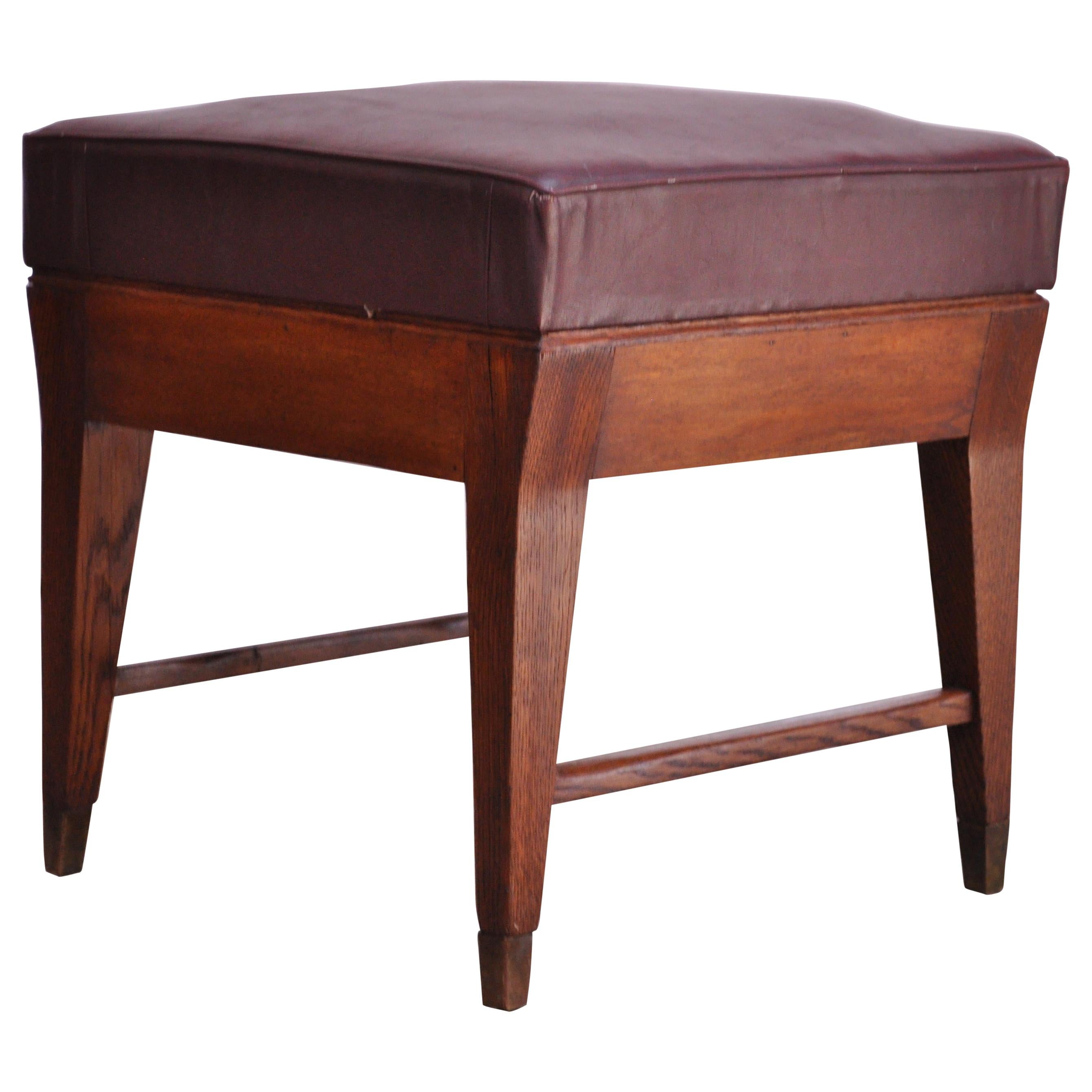 Gio Ponti Oak and Leather Stool with Brass Sabots For Sale