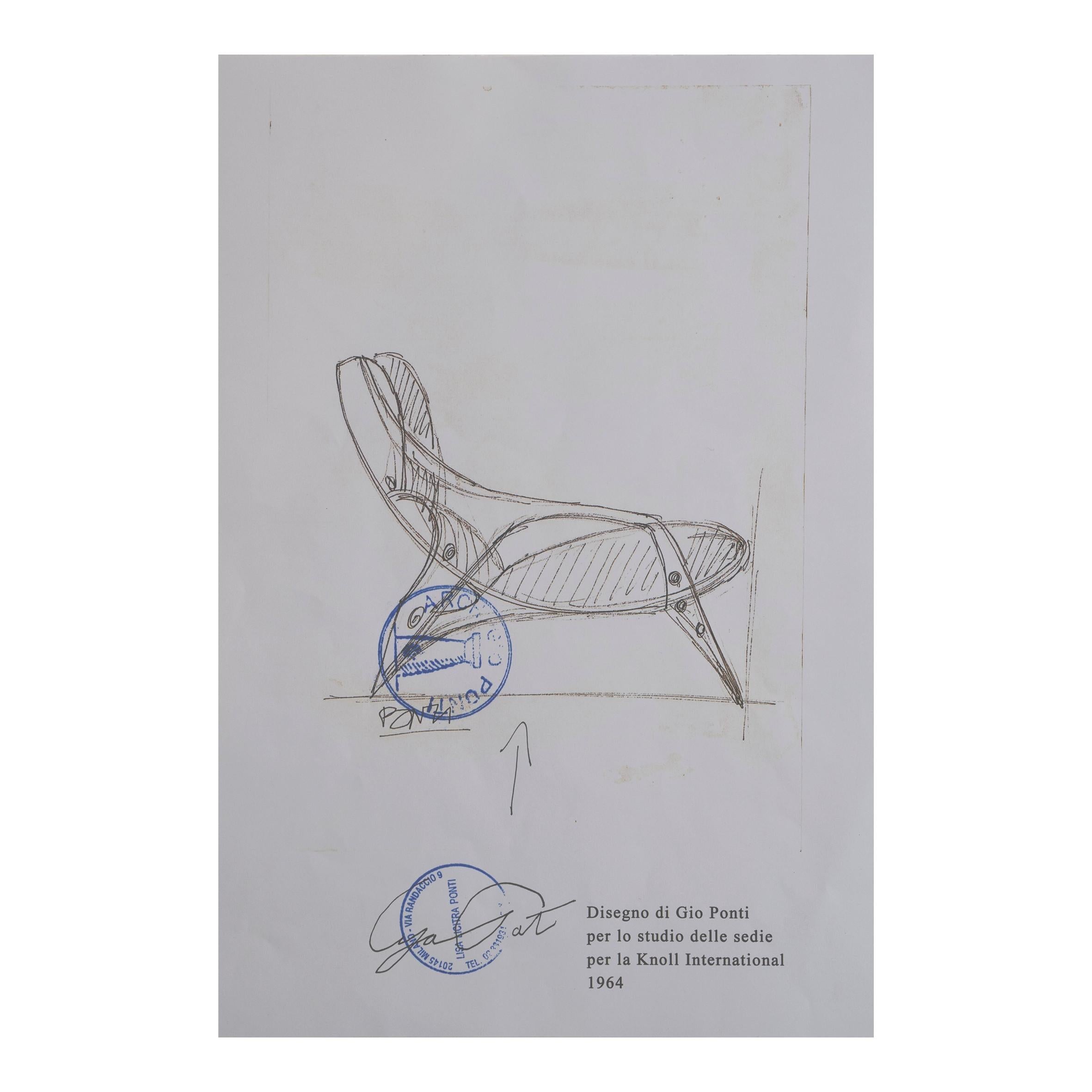 Mid-Century Modern Gio Ponti, original drawing for Knoll, prototype armchair, autenthicated For Sale