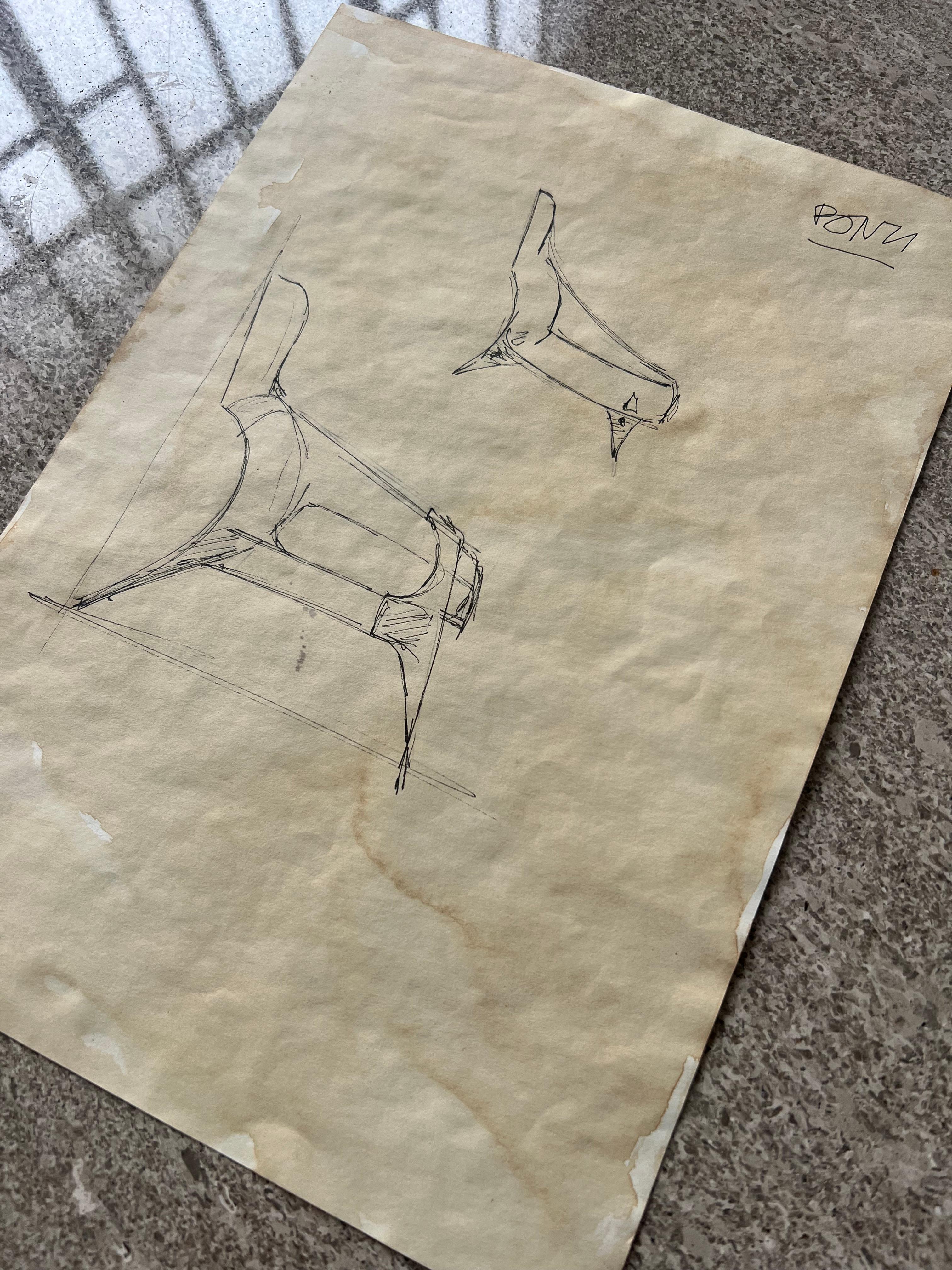 Gio Ponti, Originalzeichnung für Knoll, Prototyp-Sessel, authenticiert (Handbemalt) im Angebot