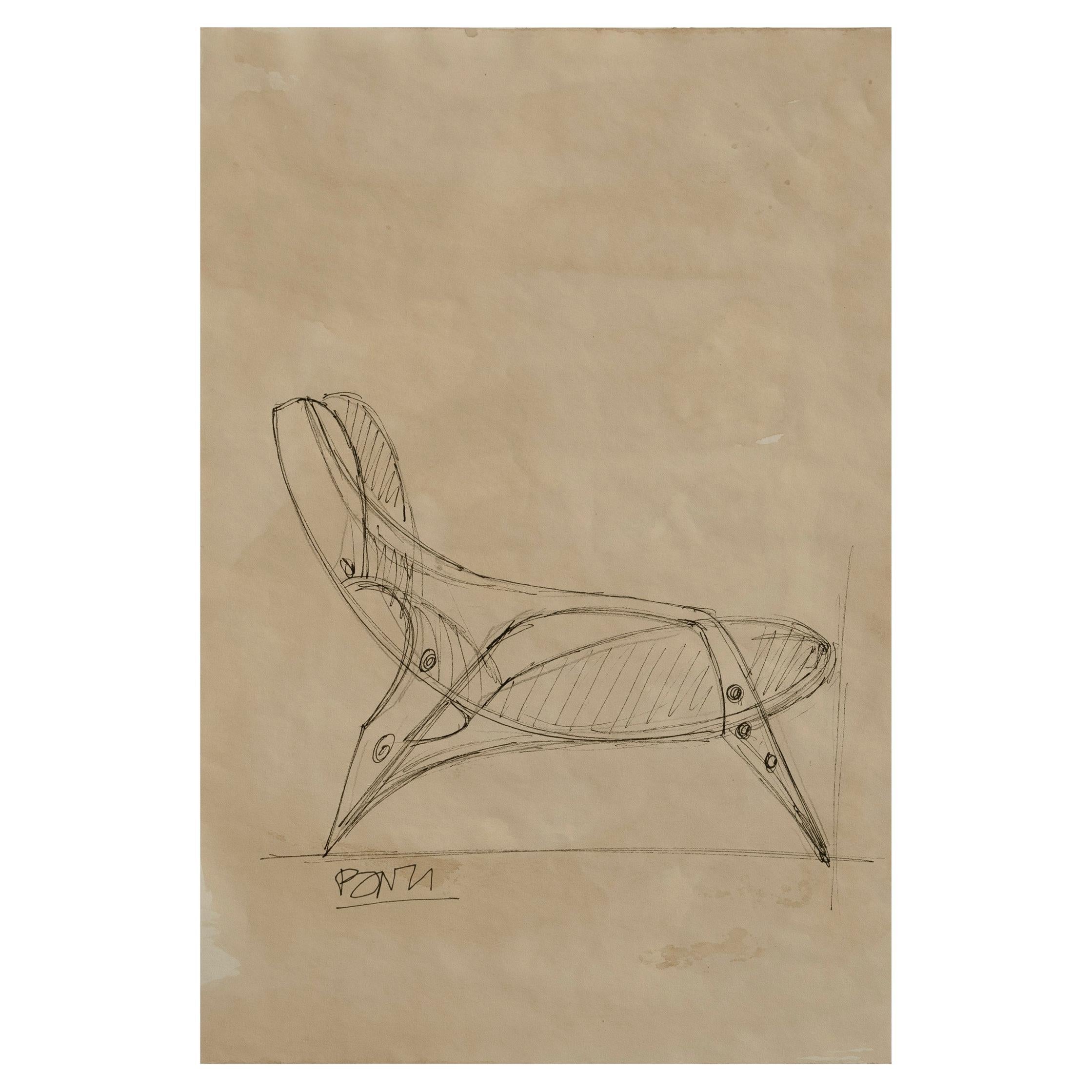 Gio Ponti, original drawing for Knoll, prototype armchair, autenthicated For Sale