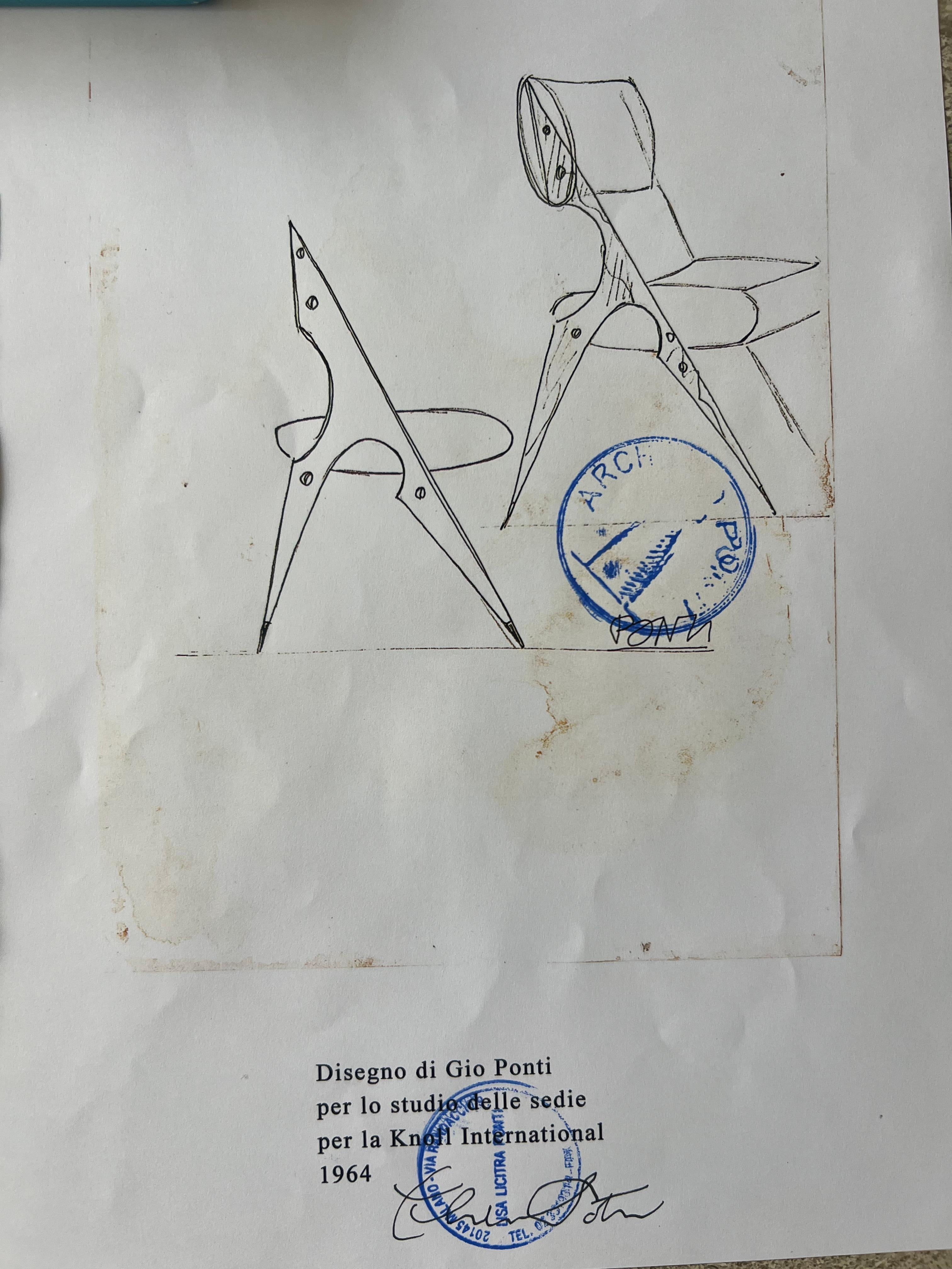 Gio Ponti, Originalzeichnung für Knoll, Prototypstuhl, authentifiziert (Mitte des 20. Jahrhunderts) im Angebot