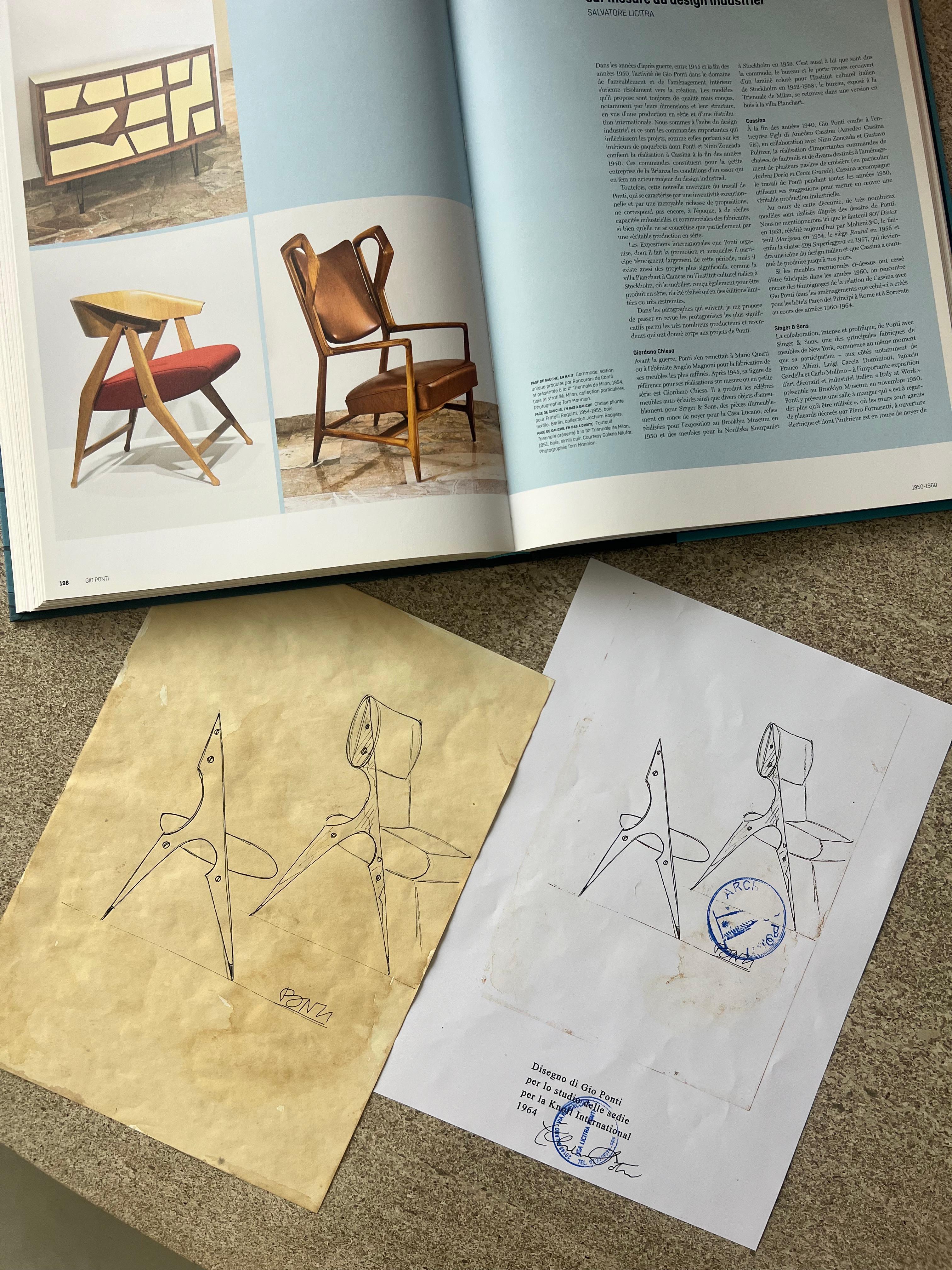 Gio Ponti, Originalzeichnung für Knoll, Prototypstuhl, authentifiziert im Angebot 1