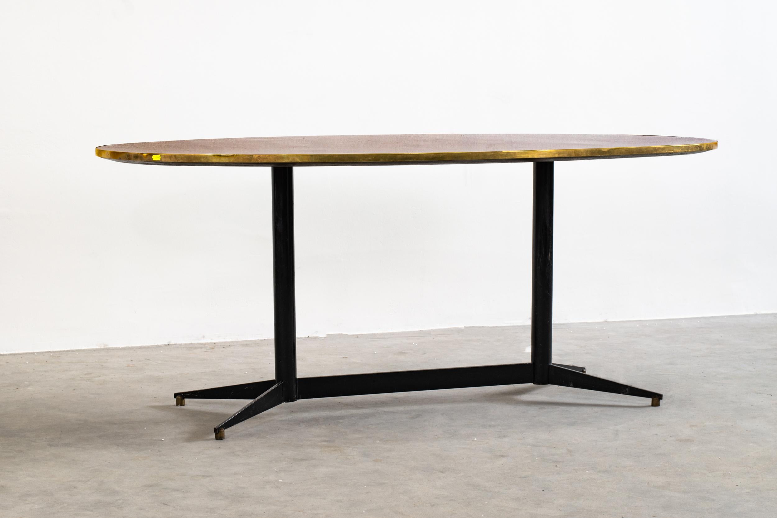Italian Gio Ponti Oval Dining Table in Wood and Brass Rima, 1950s, Italy
