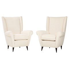Vintage Gio Ponti Pair of High Back Armchairs in Ivory Bouclé, 1950s