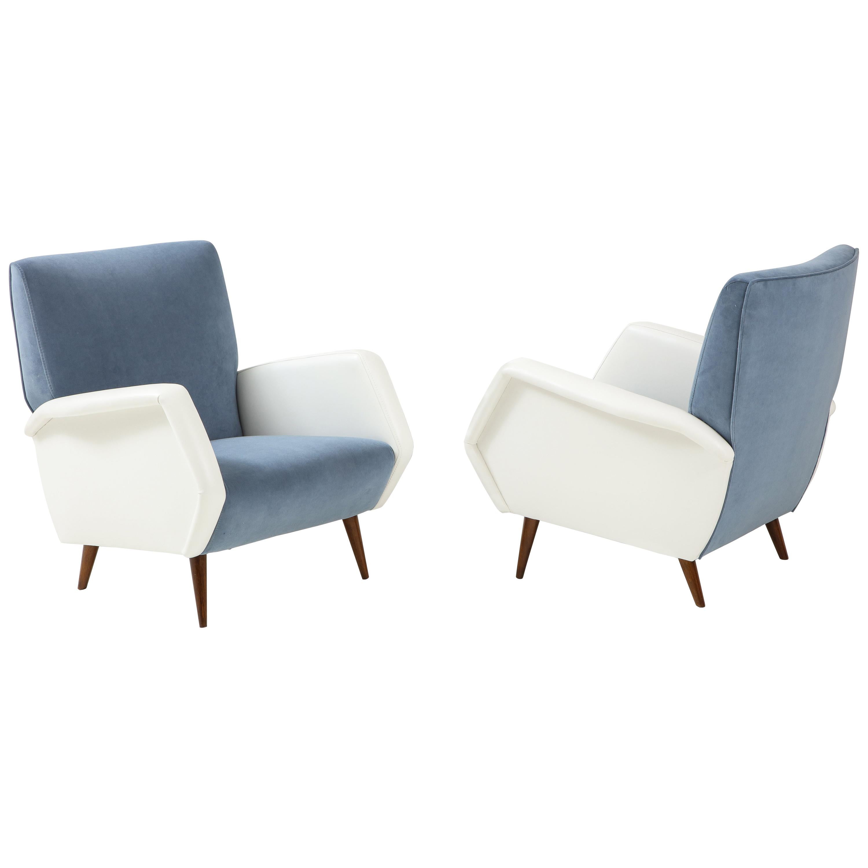 Gio Ponti Pair of Armchairs Model 803 in Light Blue Velvet