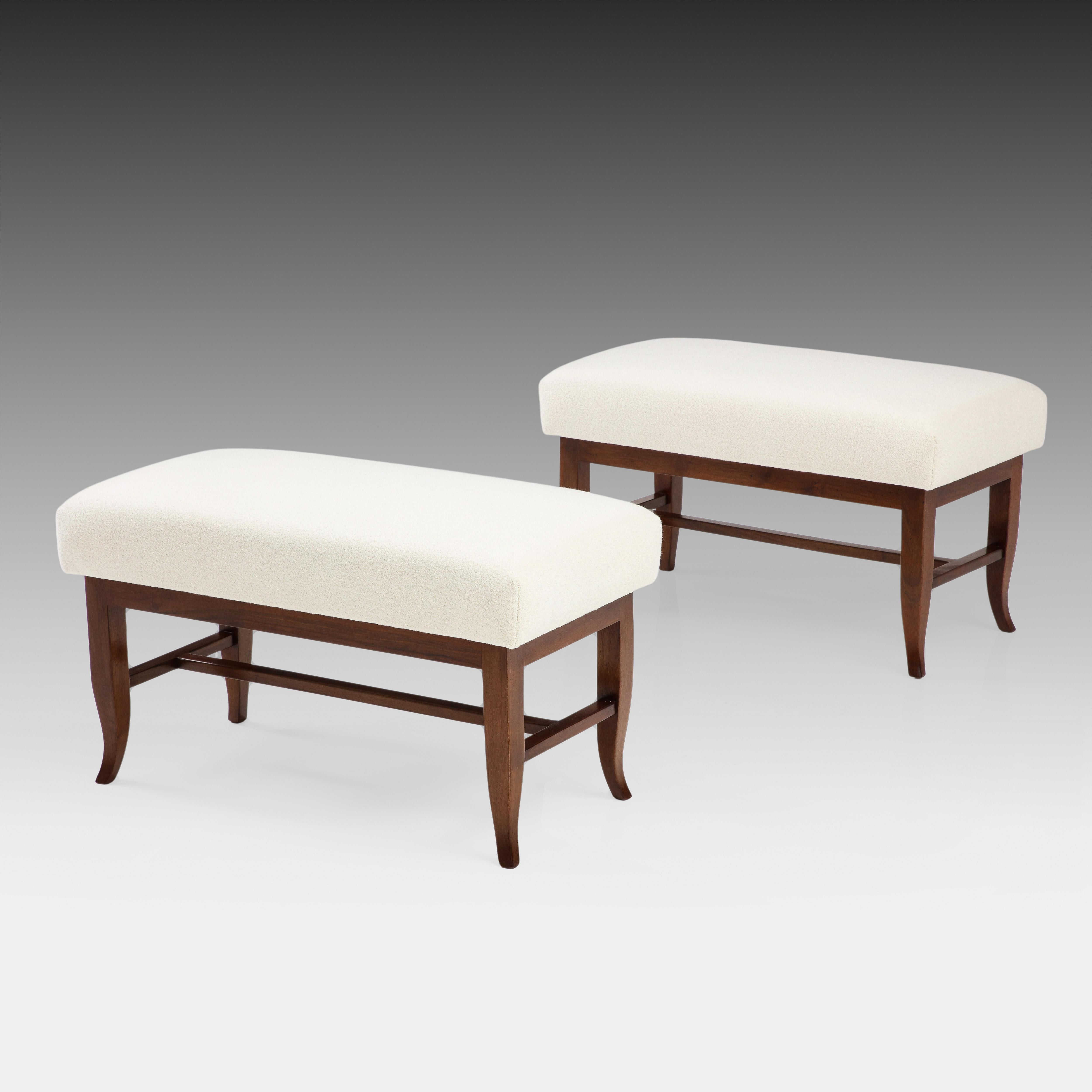 Mid-Century Modern Gio Ponti Rare Pair of Benches in Walnut and Ivory Bouclé, Italy, 1930s For Sale