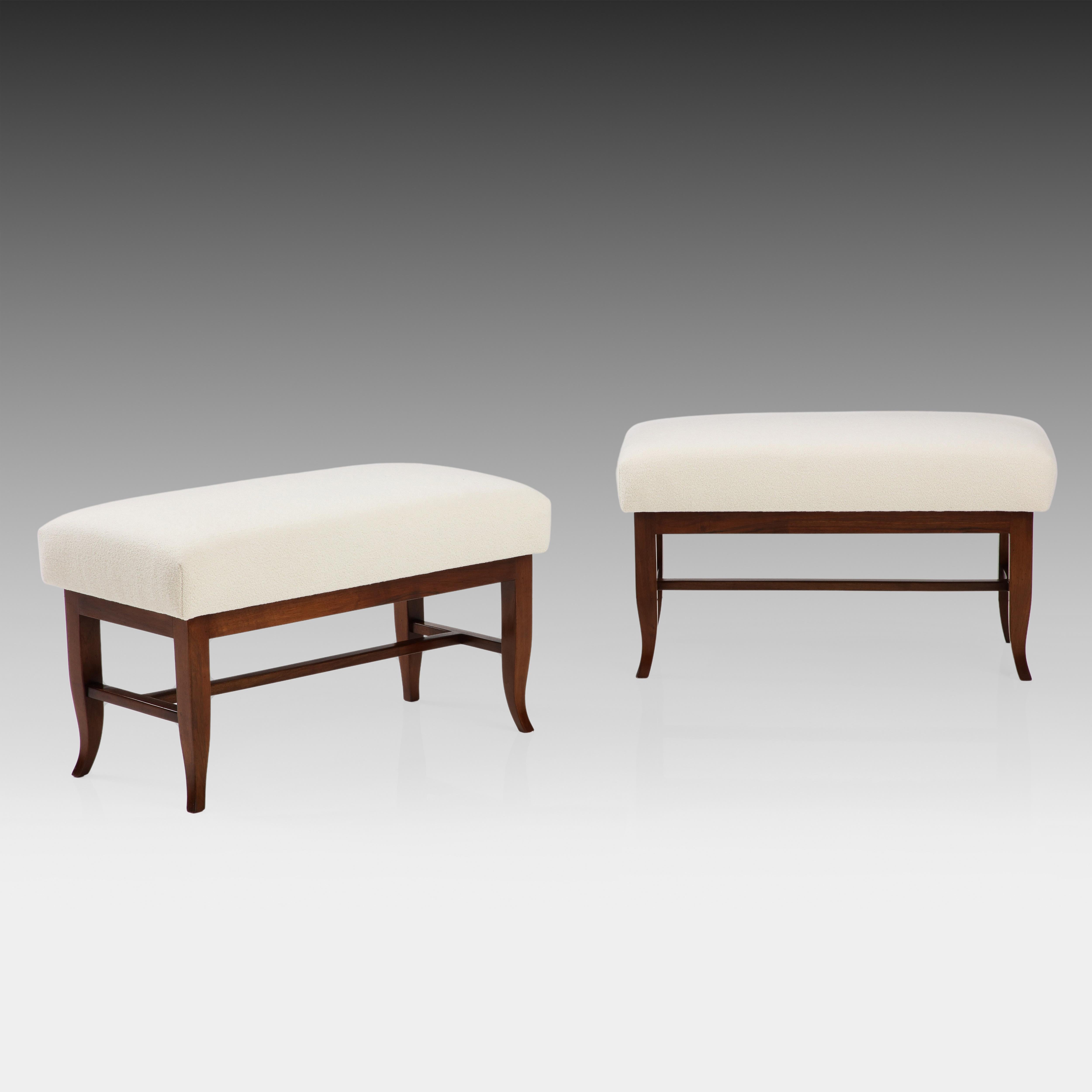 Polished Gio Ponti Rare Pair of Benches in Walnut and Ivory Bouclé, Italy, 1930s For Sale
