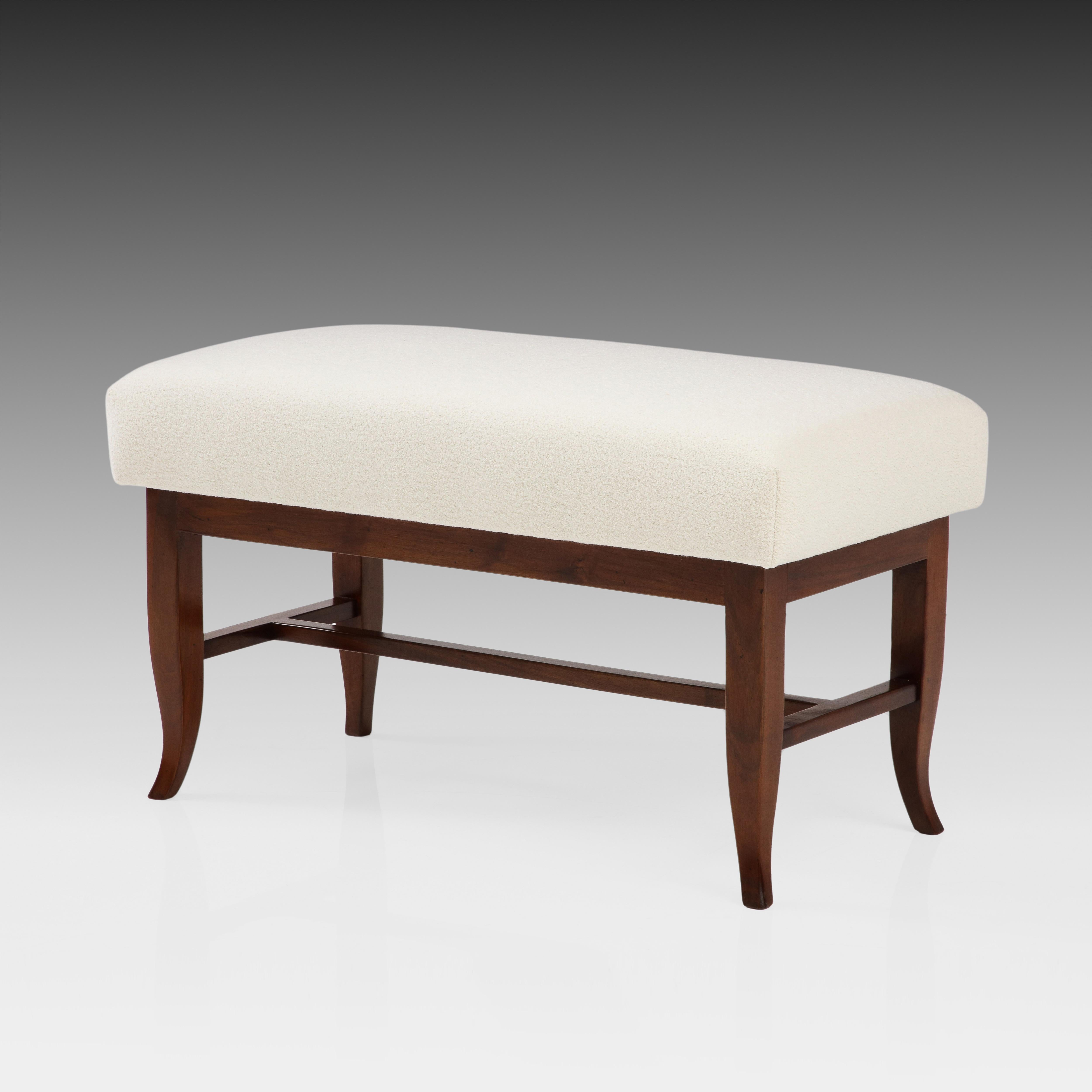 Mid-20th Century Gio Ponti Rare Pair of Benches in Walnut and Ivory Bouclé, Italy, 1930s For Sale